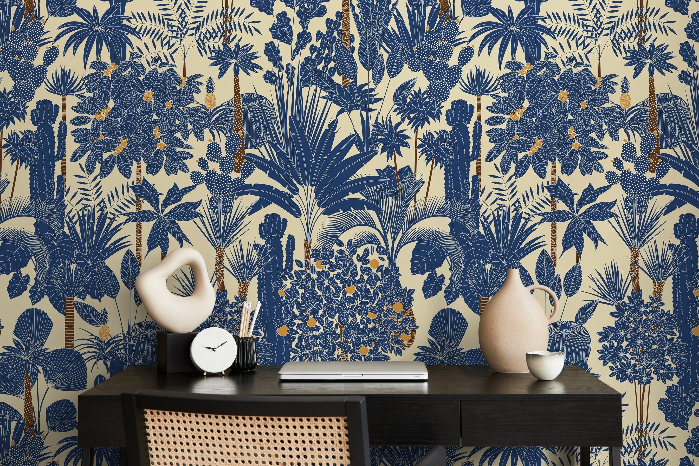 Botanical Wallpaper With A Dense Tropical Jungle Motif In Blue And Orange - D274