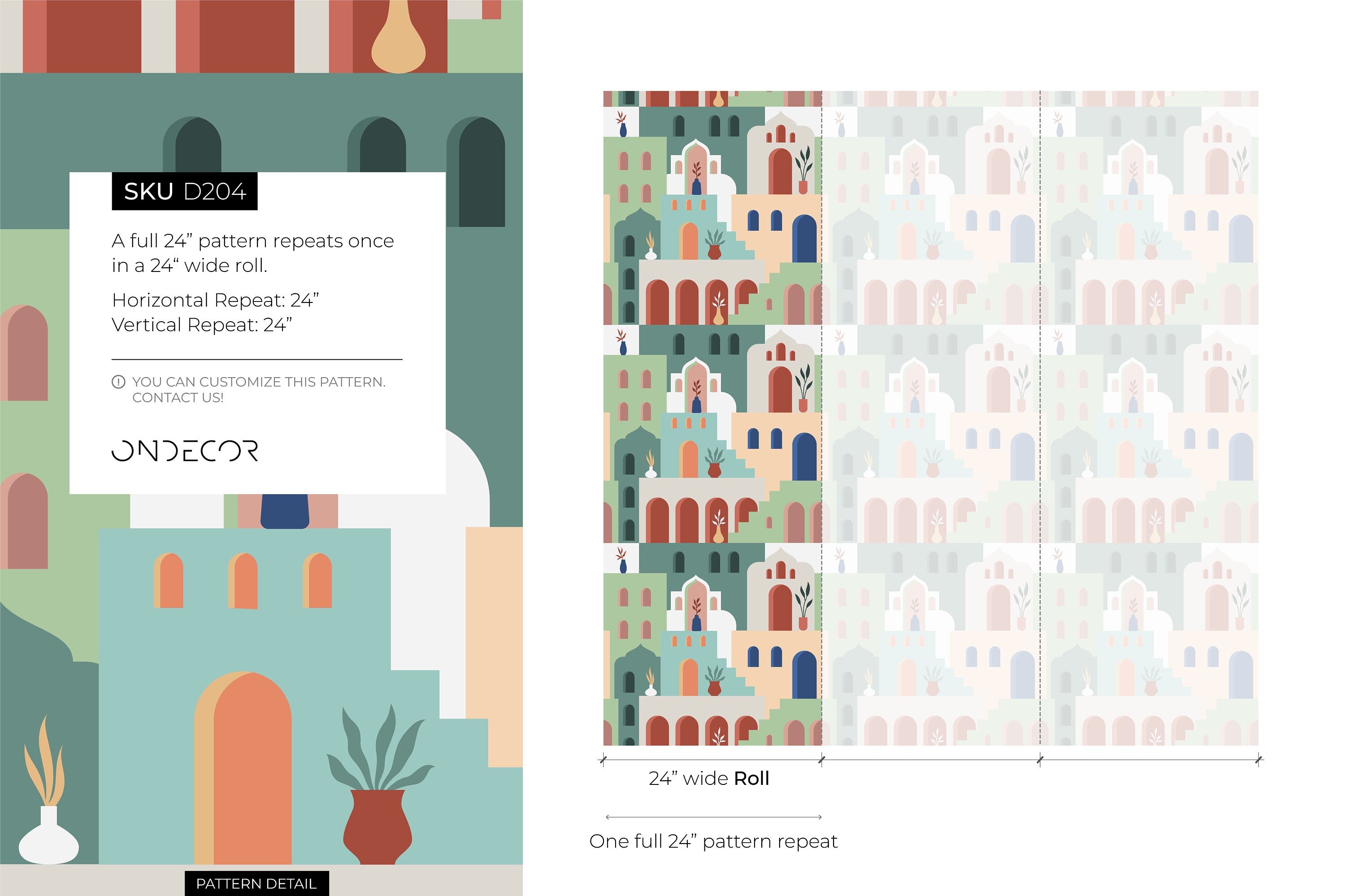 Moroccan Wallpaper With A Stylized Village Scene In Green, Beige, And Terracotta - D204