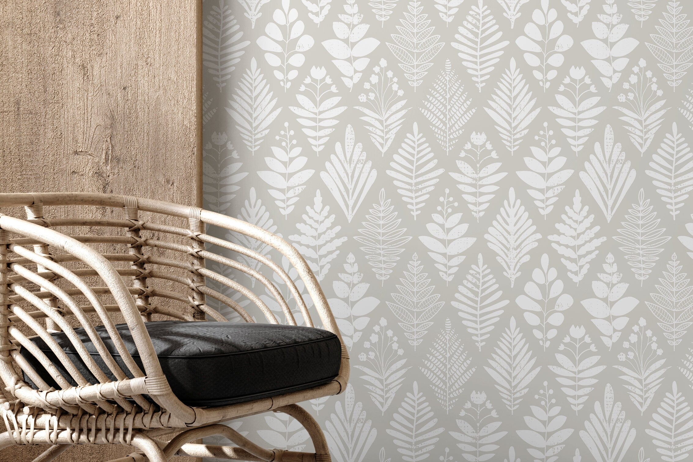 Botanical Wallpaper With A Scandinavian Folk Art Motif In Grey And White - D183