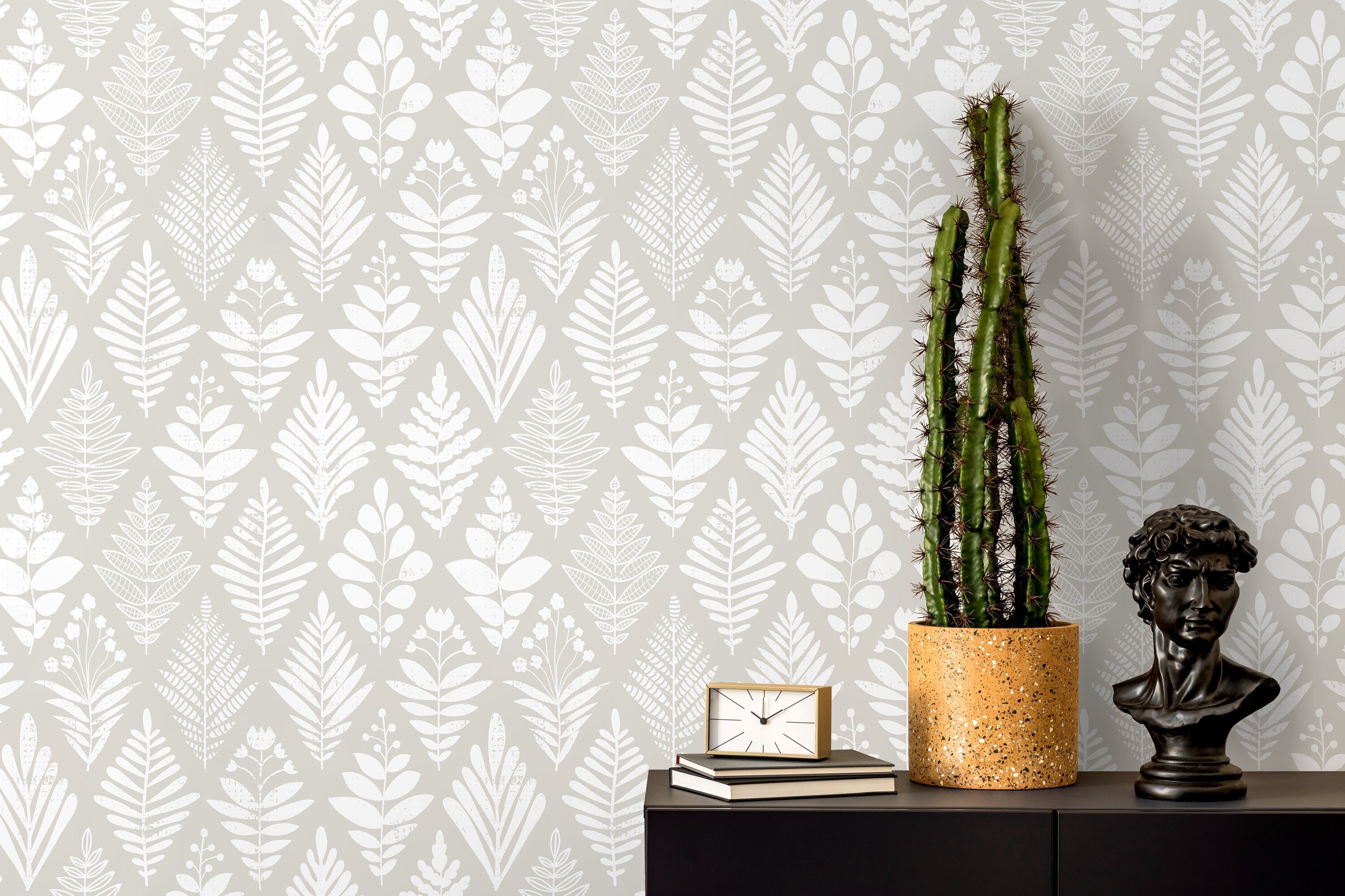 Botanical Wallpaper With A Scandinavian Folk Art Motif In Grey And White - D183