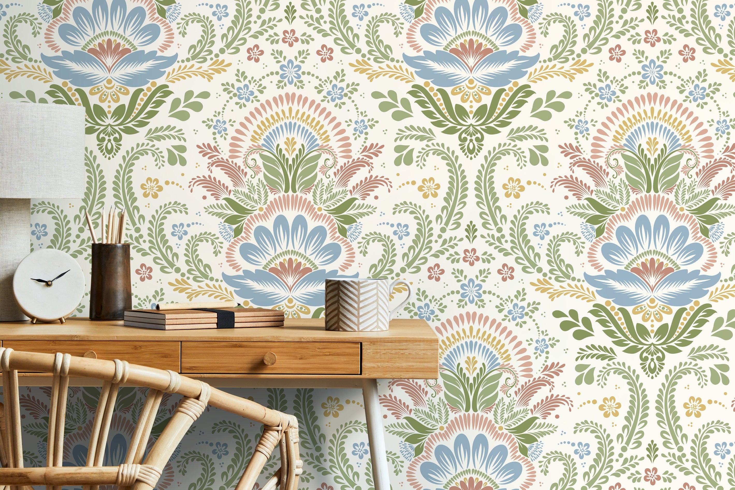 Damask Wallpaper With A Folk Floral Motif In Blue, Green, And Pink - D184
