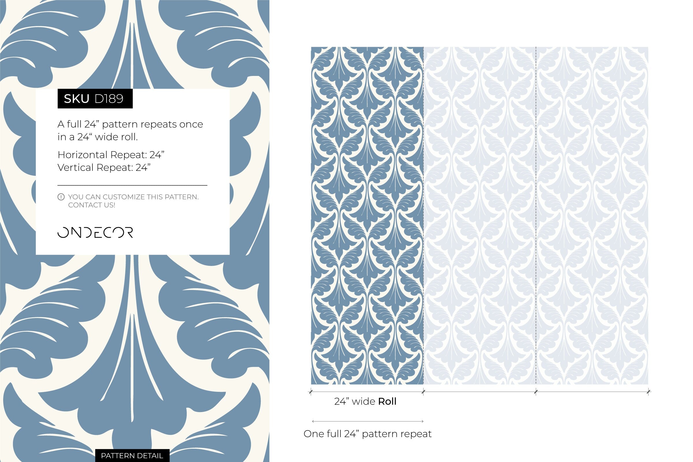 Damask Wallpaper With A Stylized Leaf Motif In Light Blue - D189