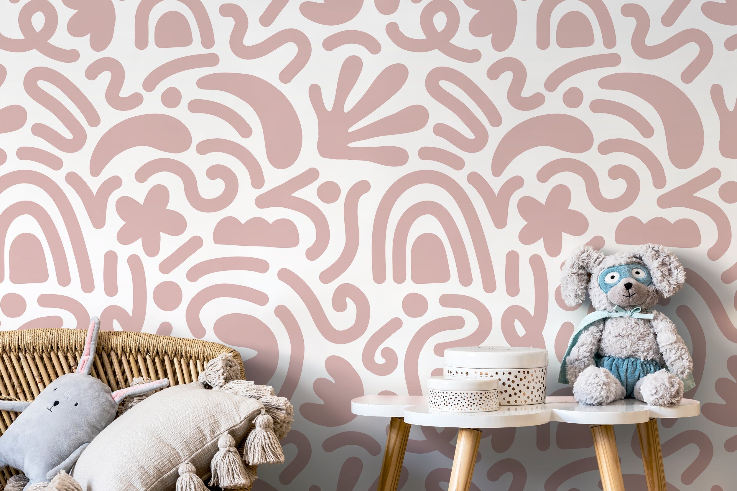 Abstract Wallpaper With Matisse Style Cut-out Shapes In Old Rose - D192