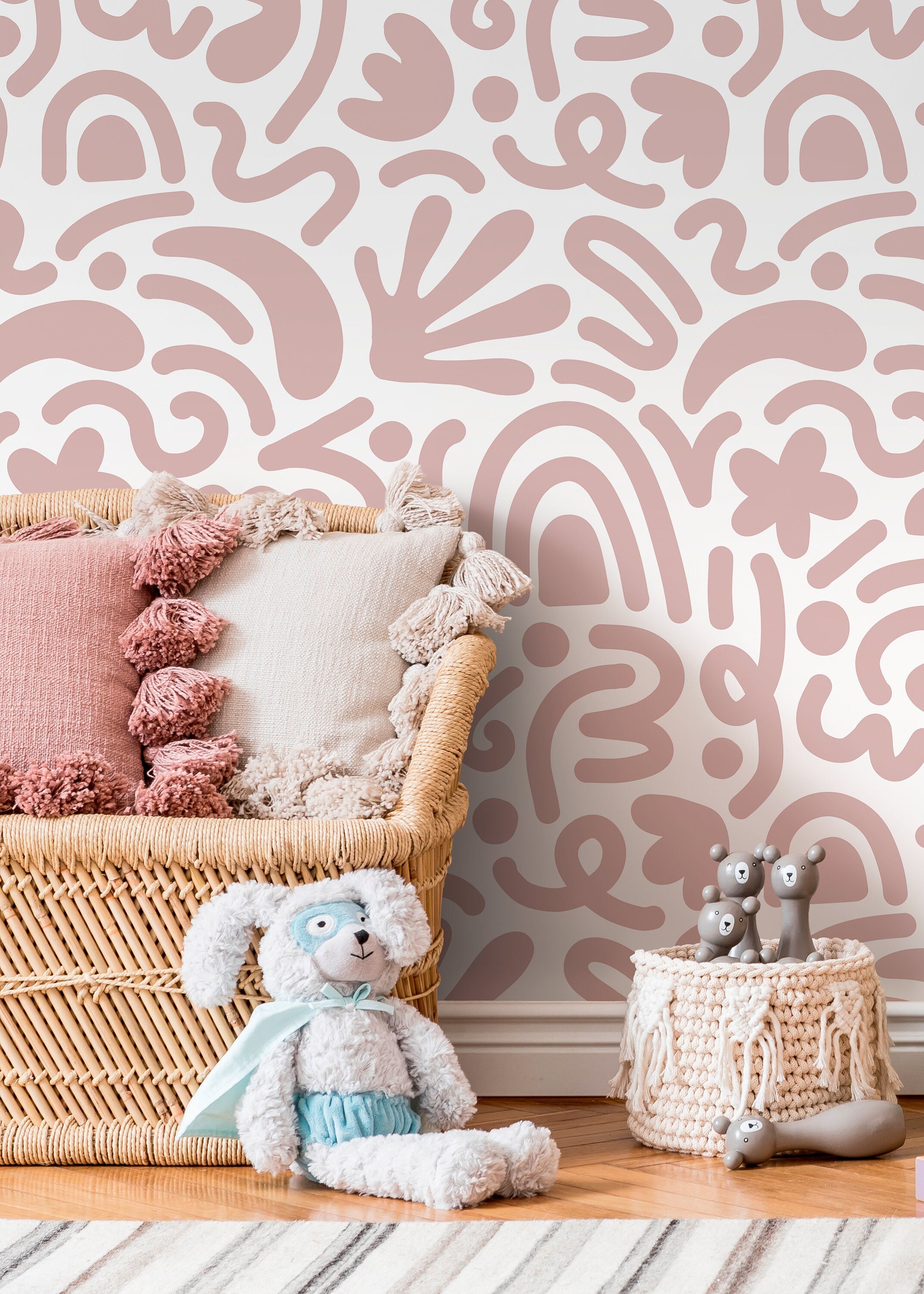 Abstract Wallpaper With Matisse Style Cut-out Shapes In Old Rose - D192