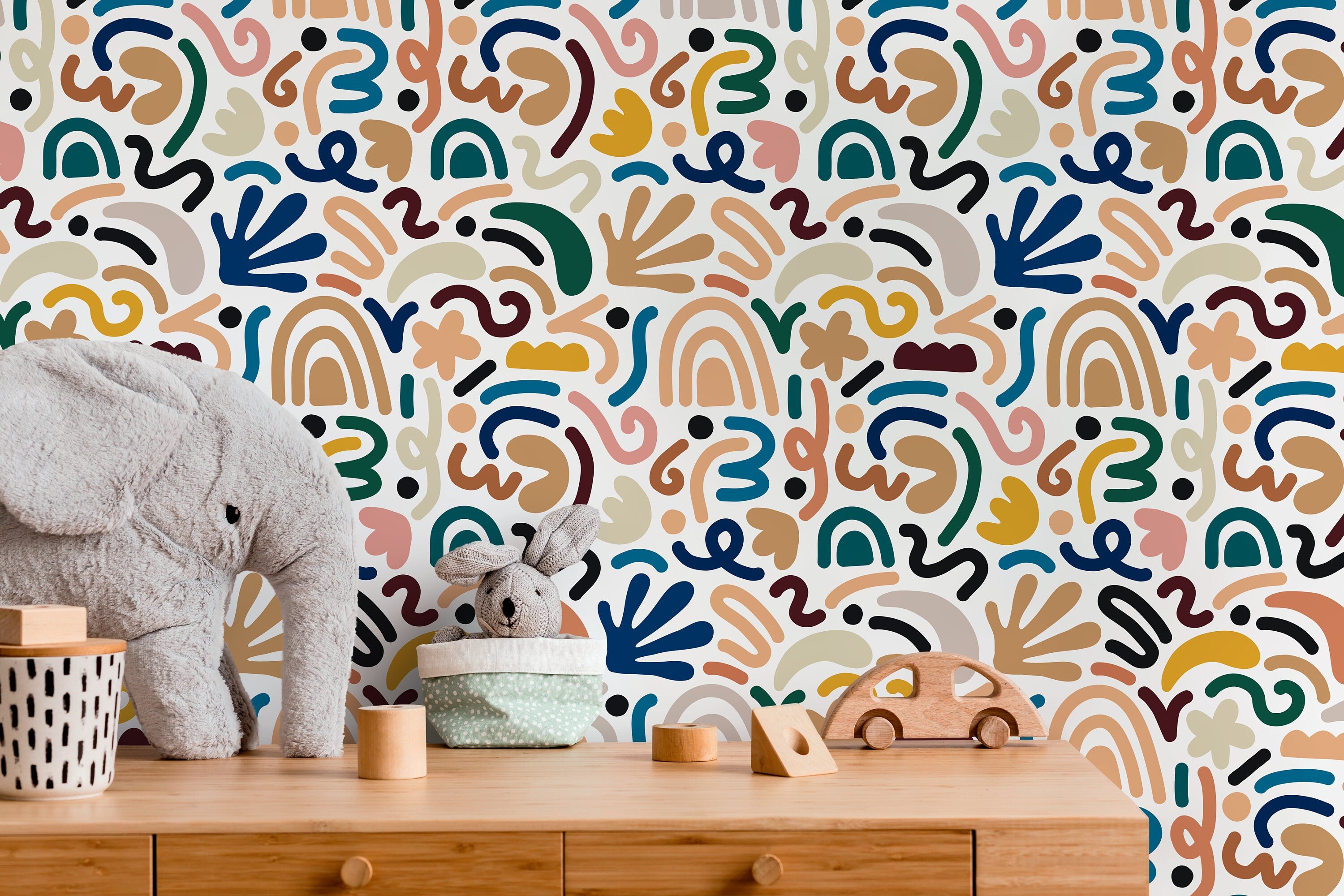 Abstract Wallpaper With Colorful Organic Shapes In Blue, Green, And Yellow - D193