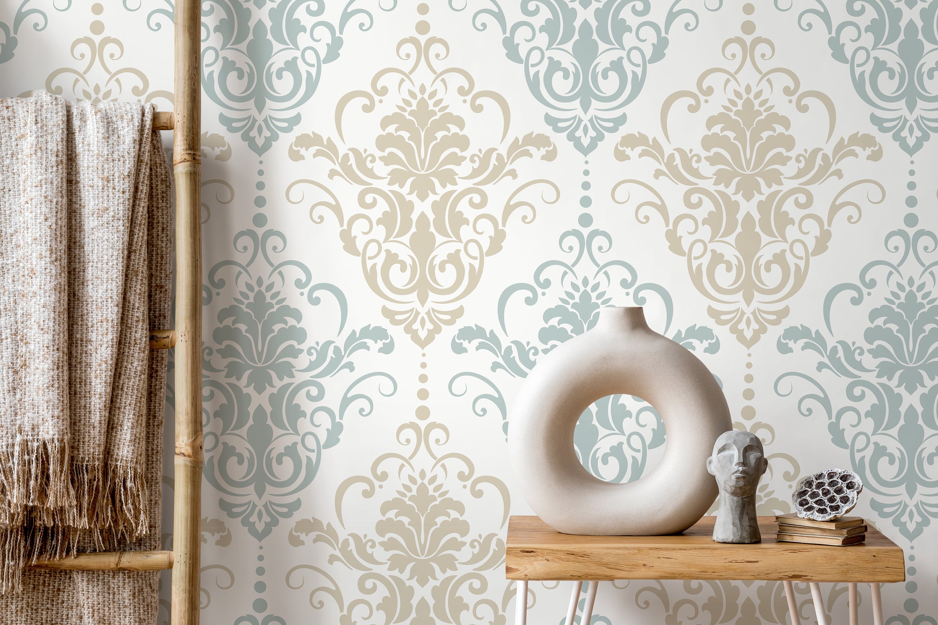 Damask Wallpaper With An Elegant Scroll Motif In Light Blue And Beige - D194
