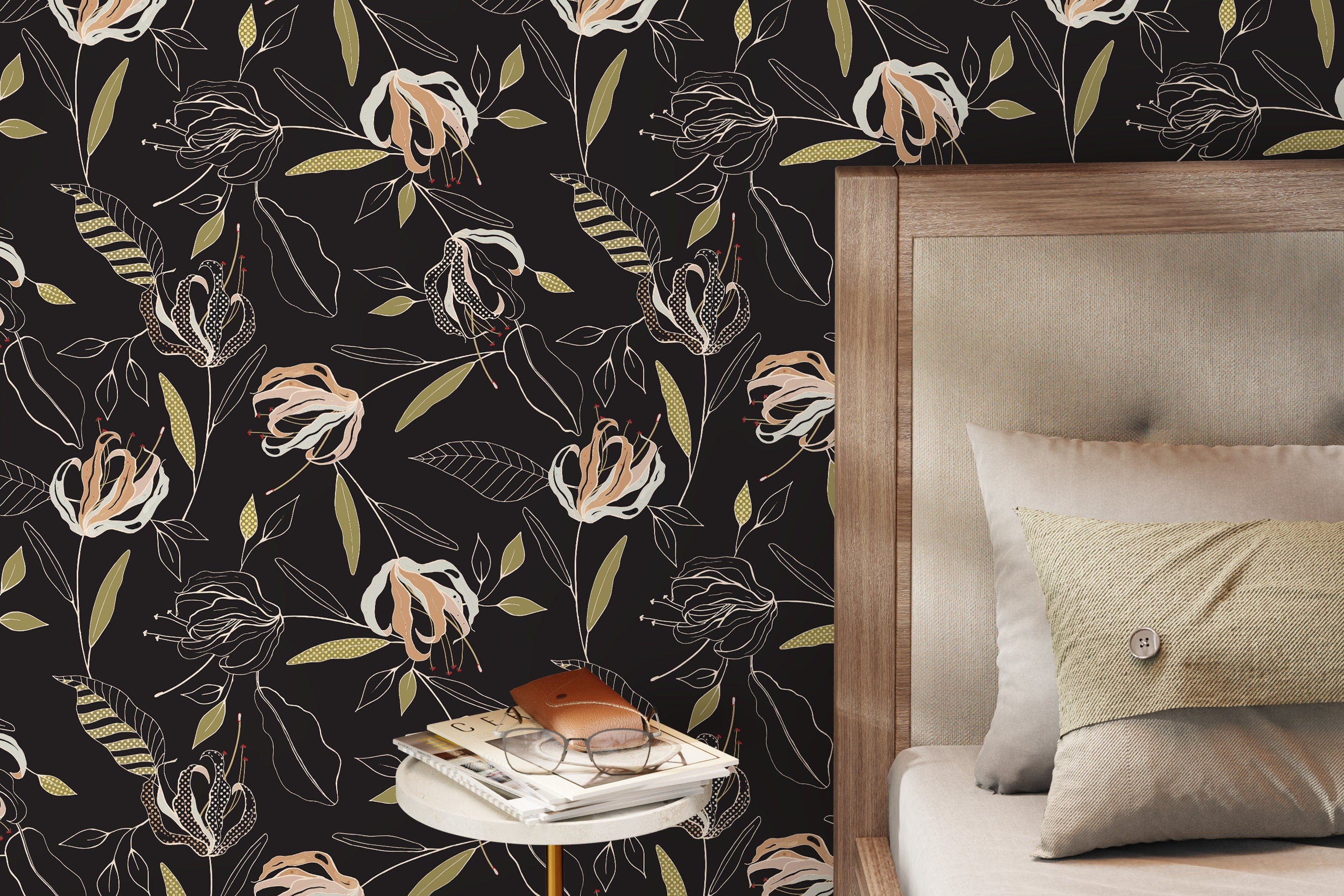 Floral Wallpaper With Stylized Lilies In Black, Pink, And Green - D200