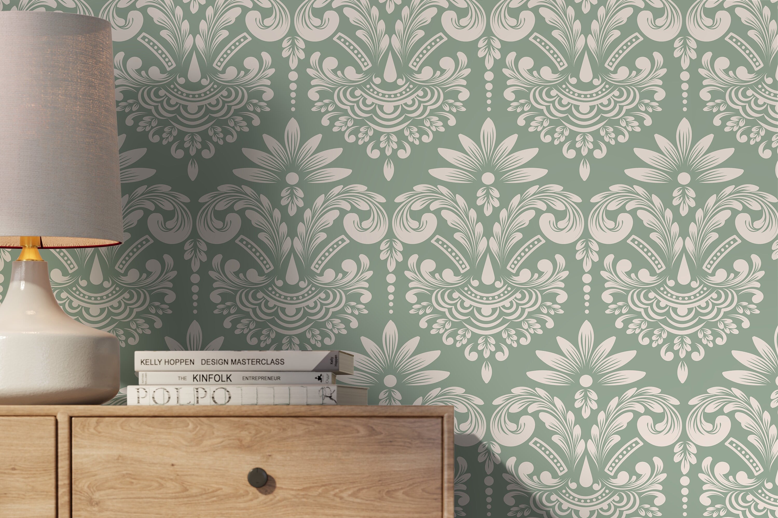 Damask Wallpaper With A Classic Vintage Scroll In Mint Green And Off-white - D251