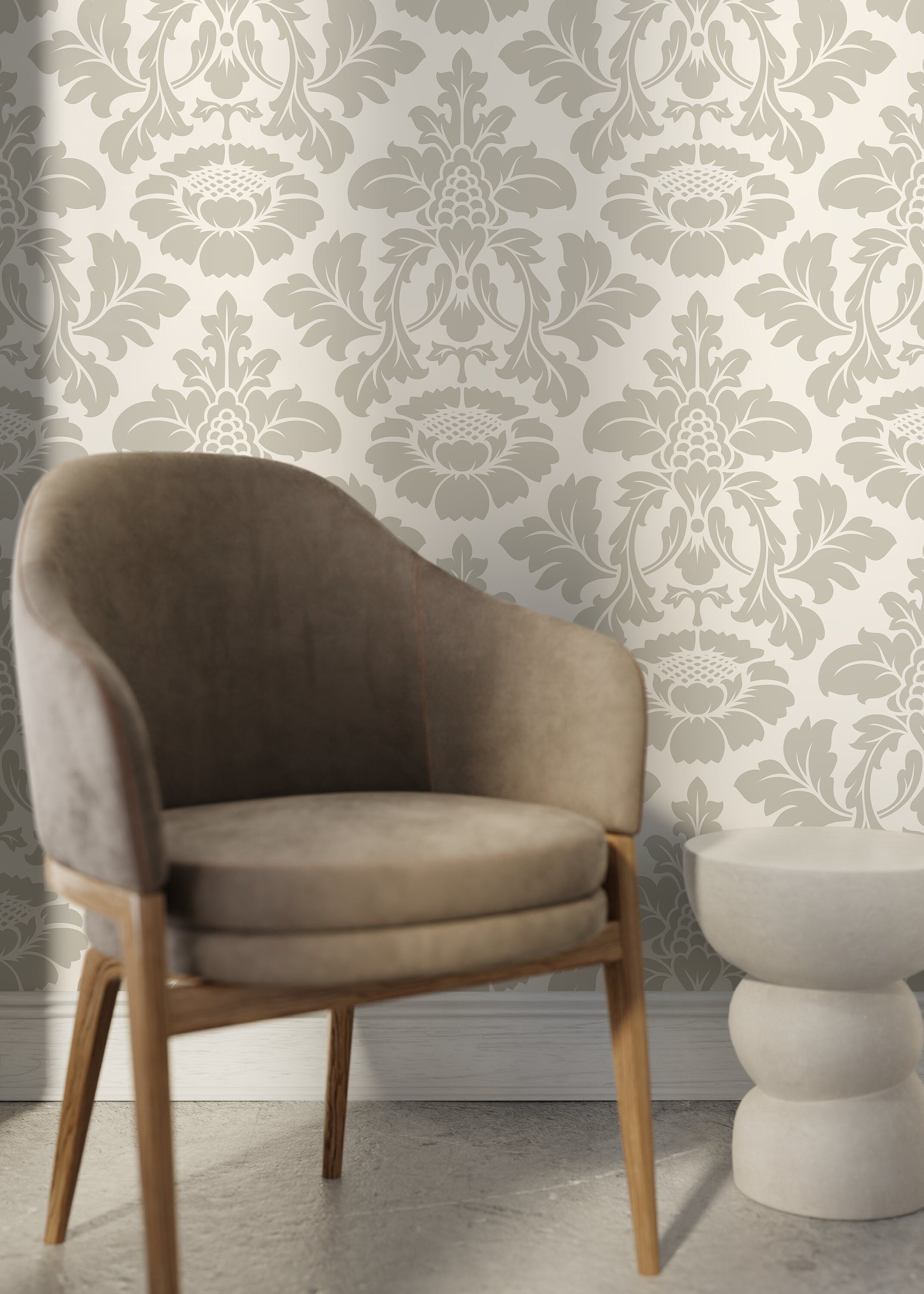 Damask Wallpaper With A Timeless Floral Motif In Taupe And Beige - D257