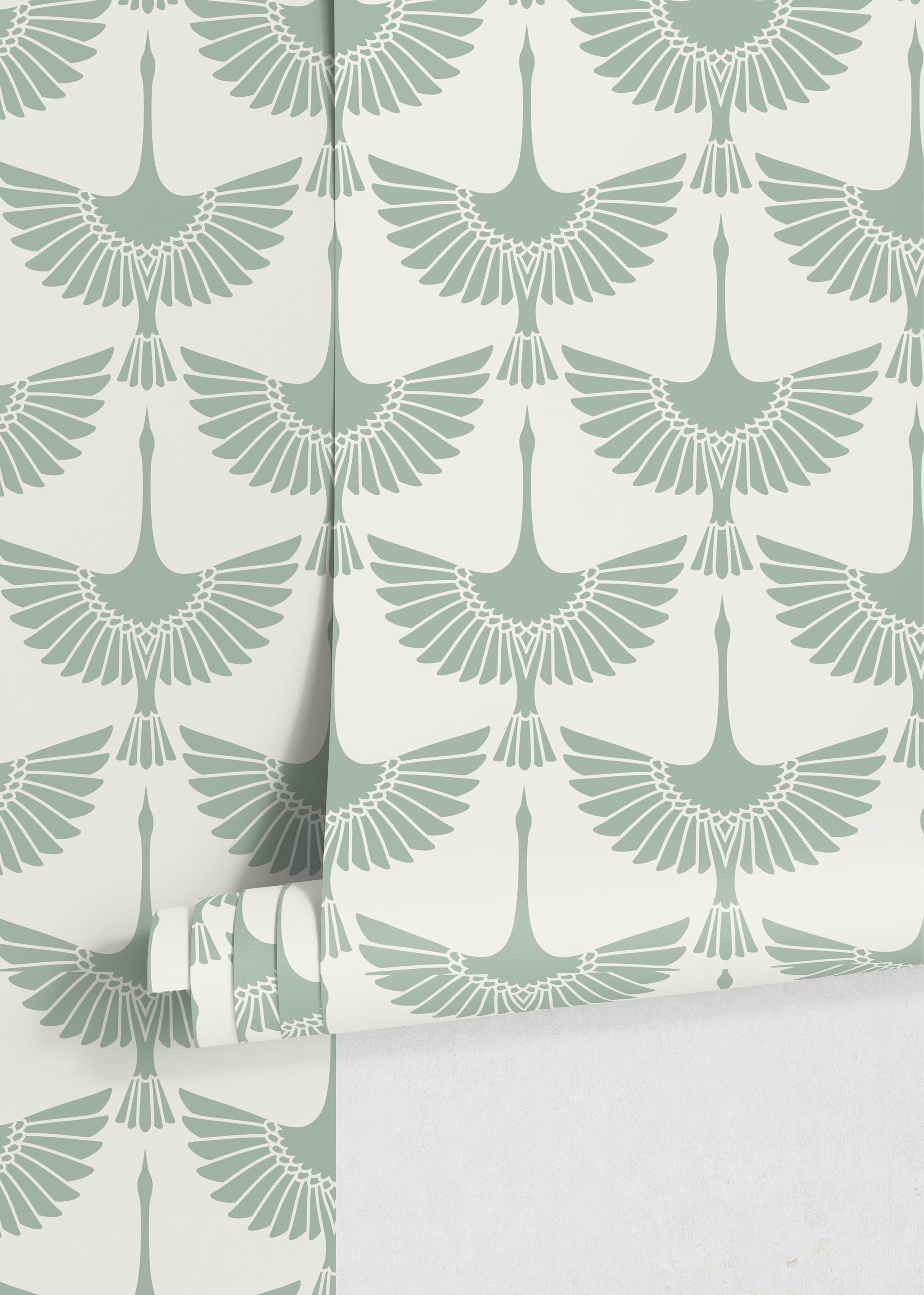 Bird Wallpaper With A Symmetrical Swan Motif In Mint Green - D259
