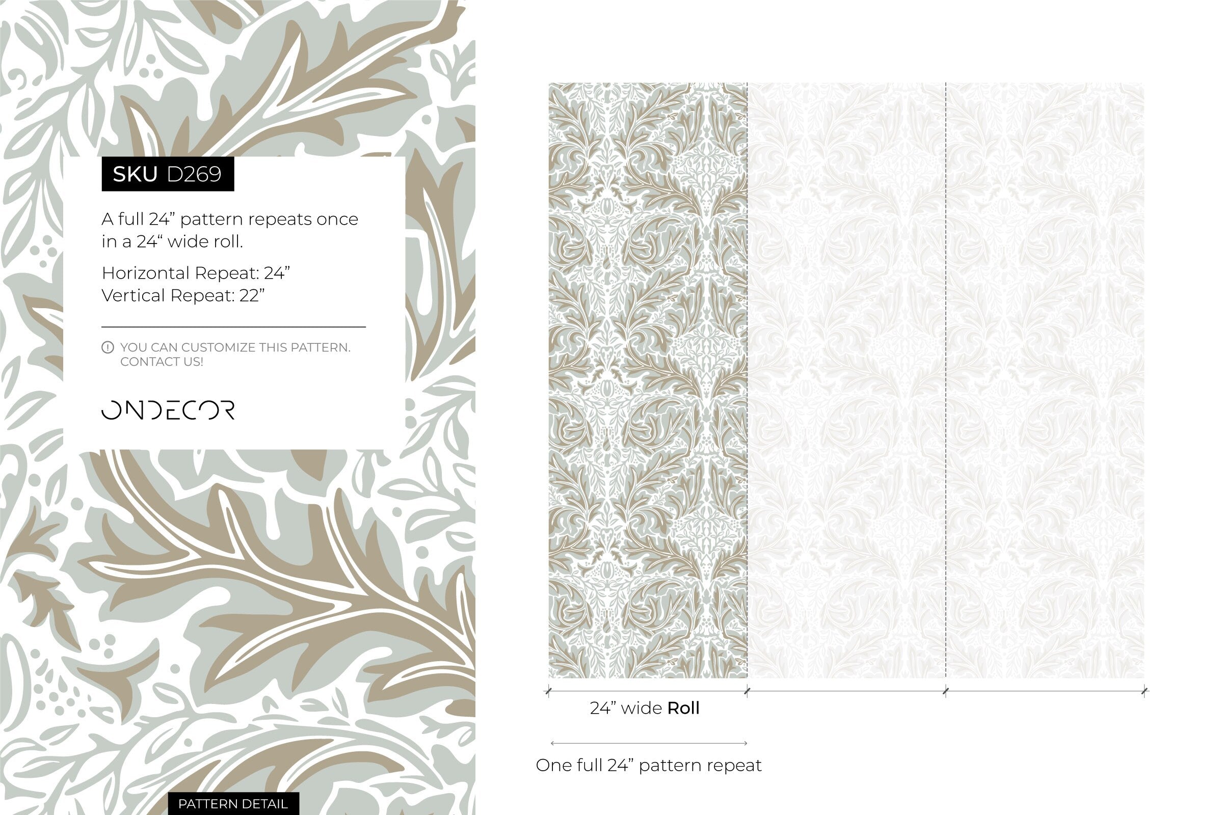 Damask Wallpaper With A Classic Acanthus Leaf Motif In Taupe And Grey - D269