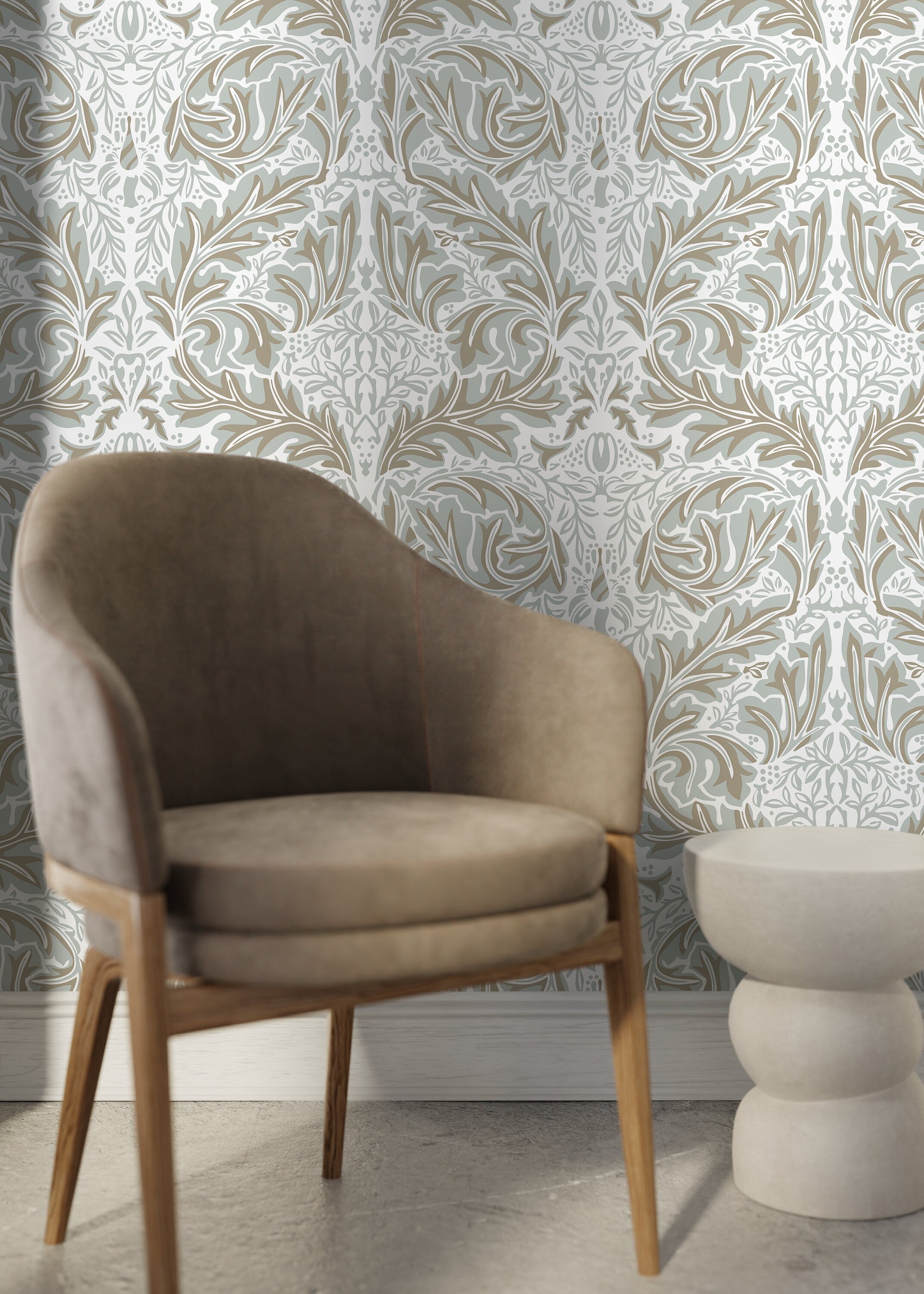Damask Wallpaper With A Classic Acanthus Leaf Motif In Taupe And Grey - D269
