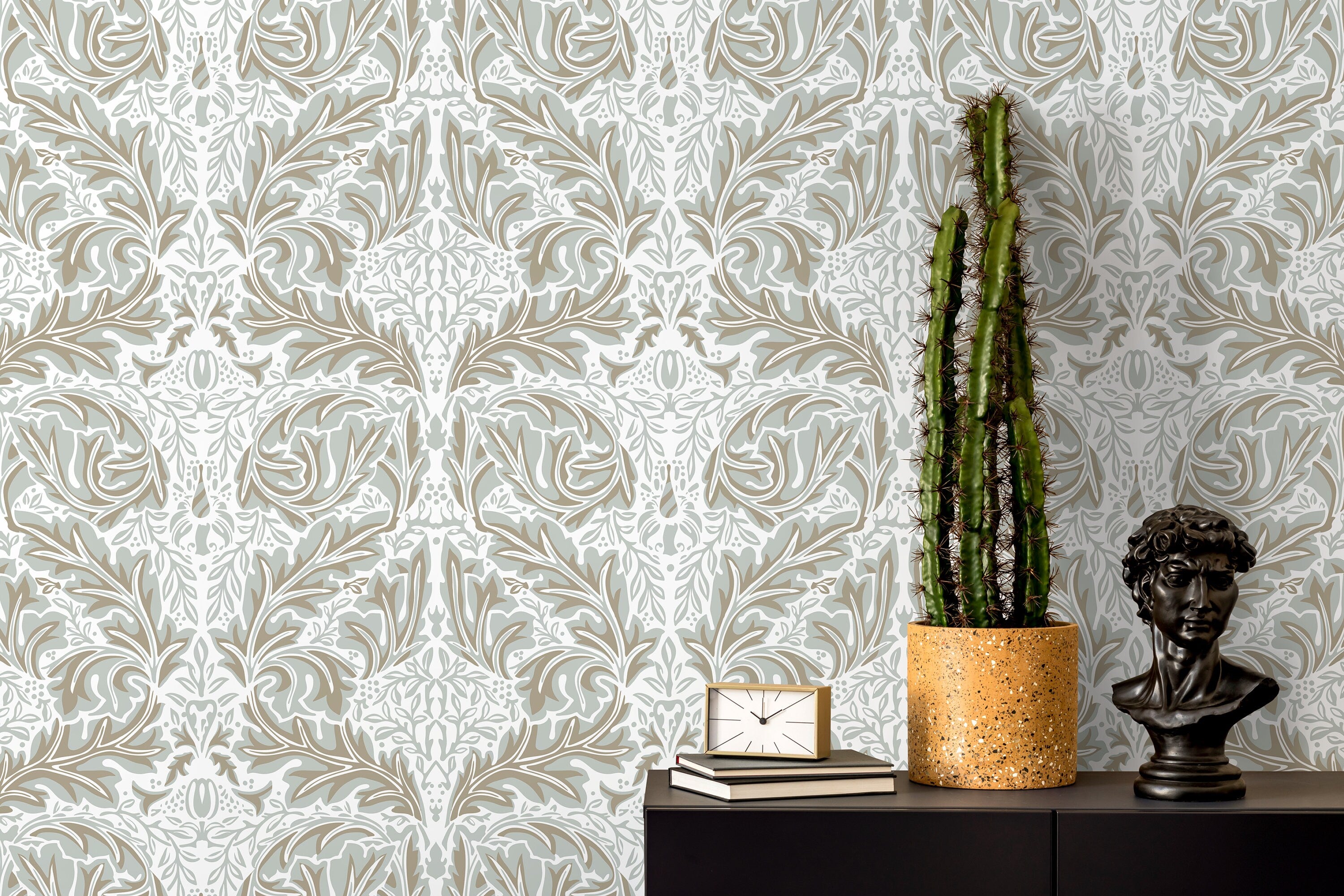Damask Wallpaper With A Classic Acanthus Leaf Motif In Taupe And Grey - D269