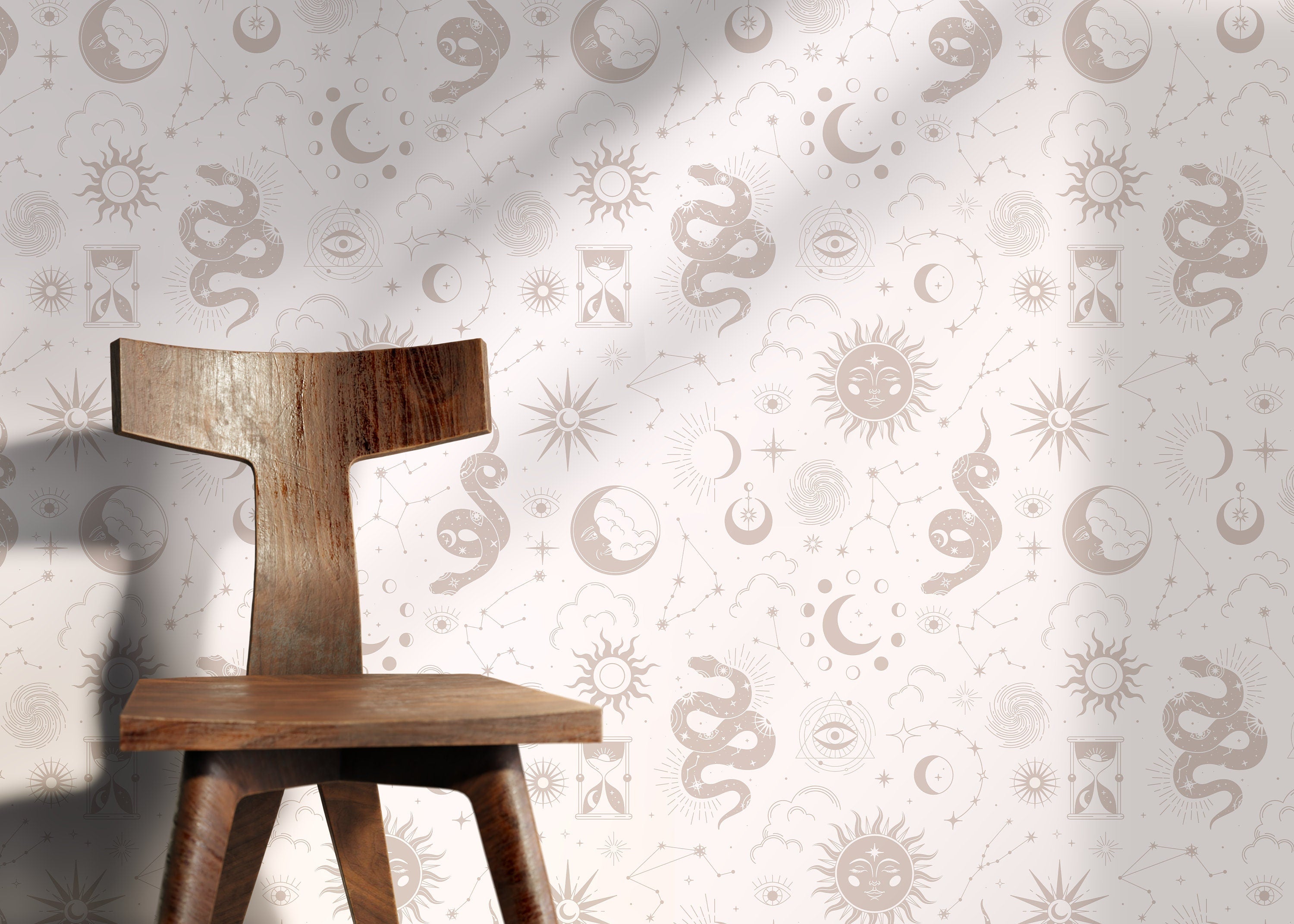 Celestial Wallpaper With Mystical Sun, Moon, And Snake Motifs In Beige - D345