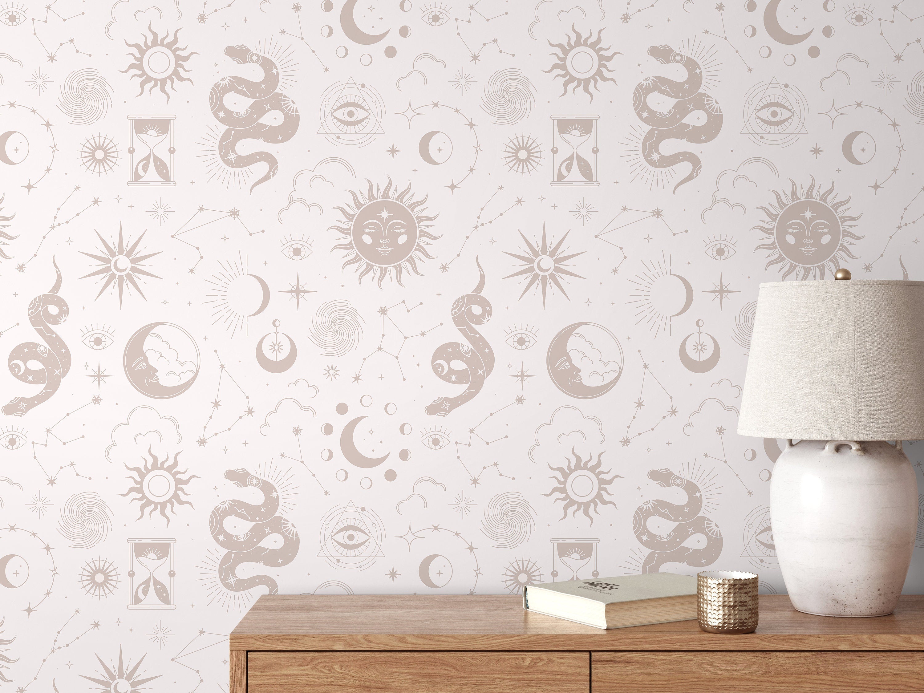 Celestial Wallpaper With Mystical Sun, Moon, And Snake Motifs In Beige - D345