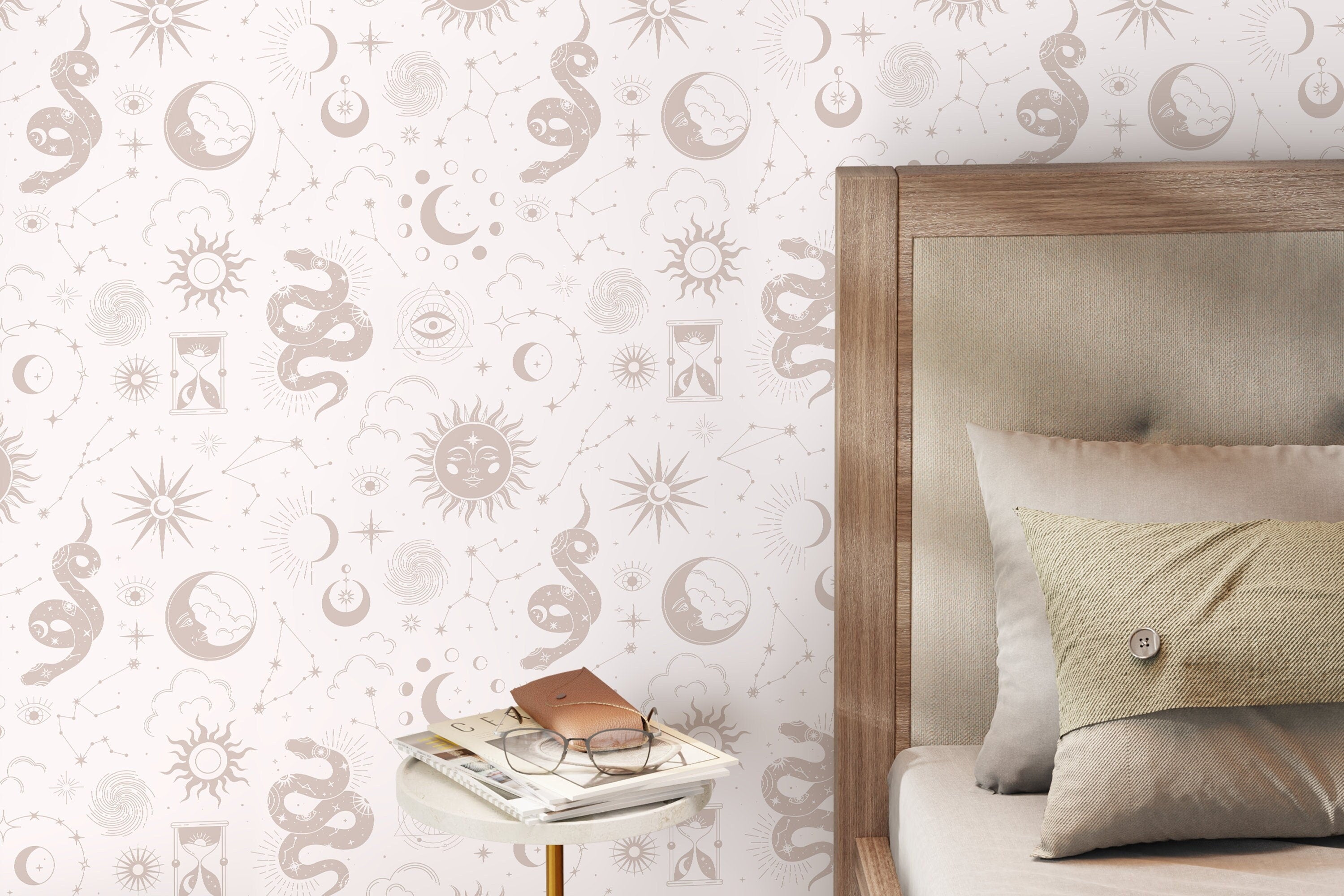 Celestial Wallpaper With Mystical Sun, Moon, And Snake Motifs In Beige - D345