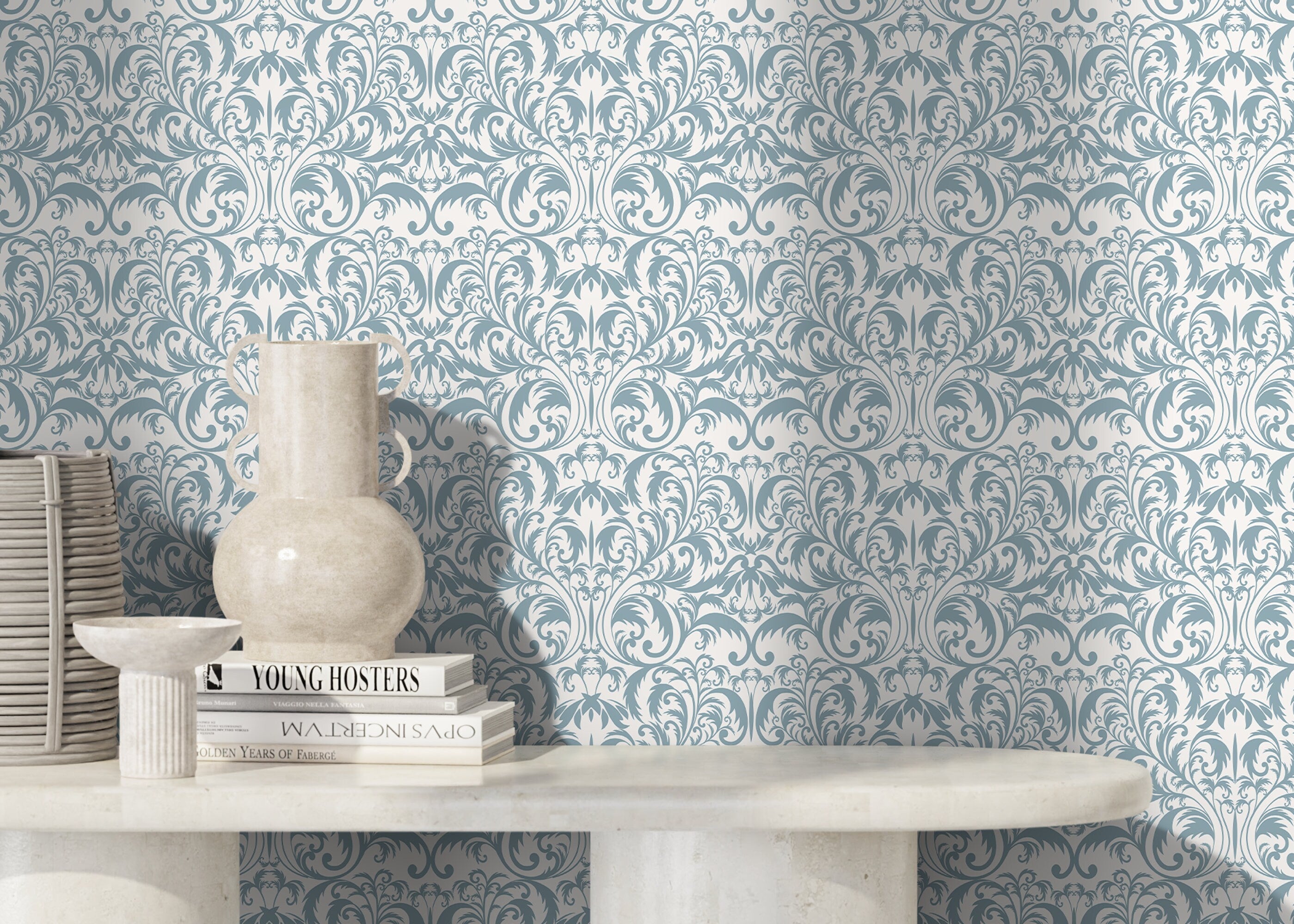 Victorian Wallpaper With An Elegant Damask Motif In Light Blue And Off-white - D365