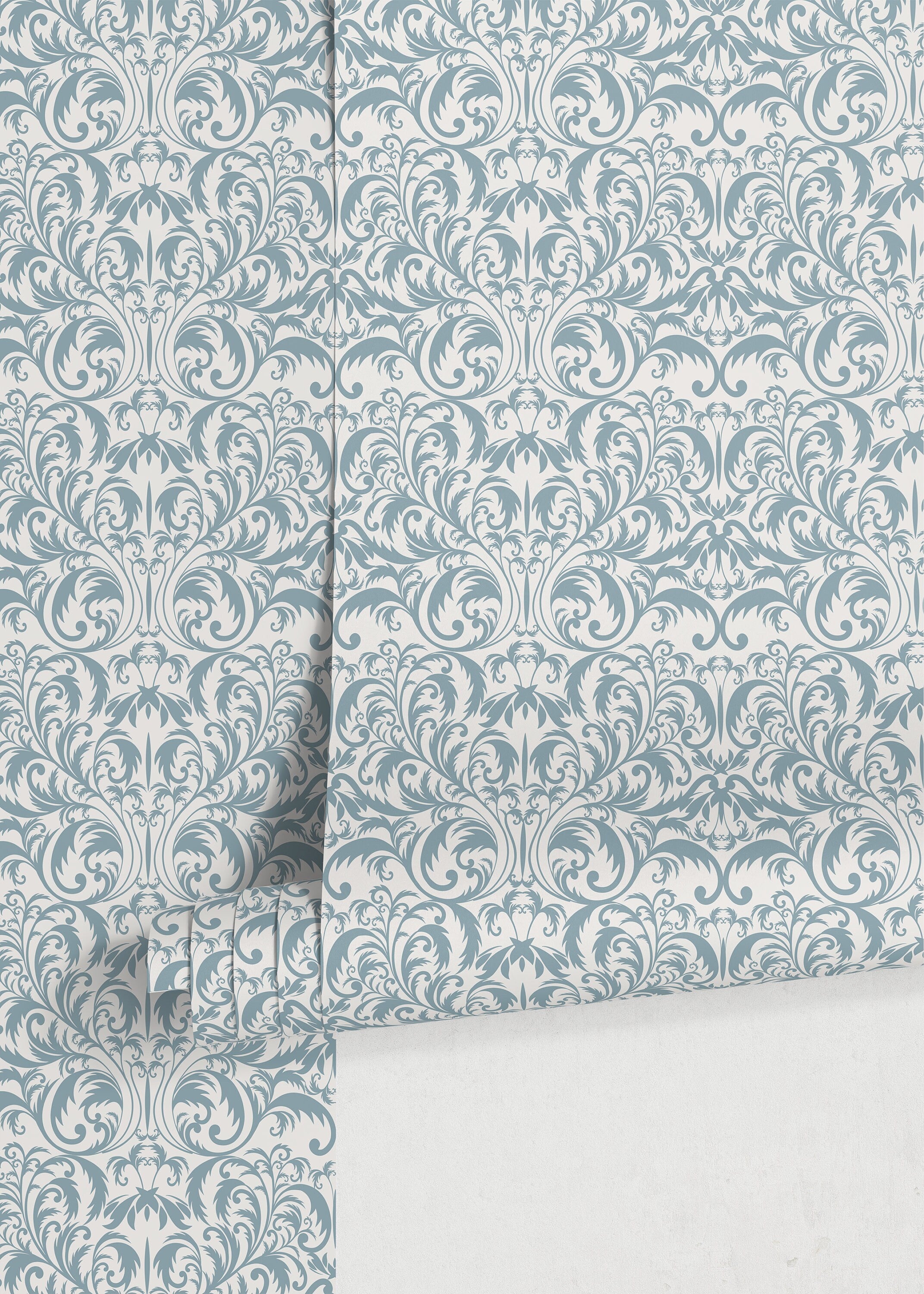 Victorian Wallpaper With An Elegant Damask Motif In Light Blue And Off-white - D365