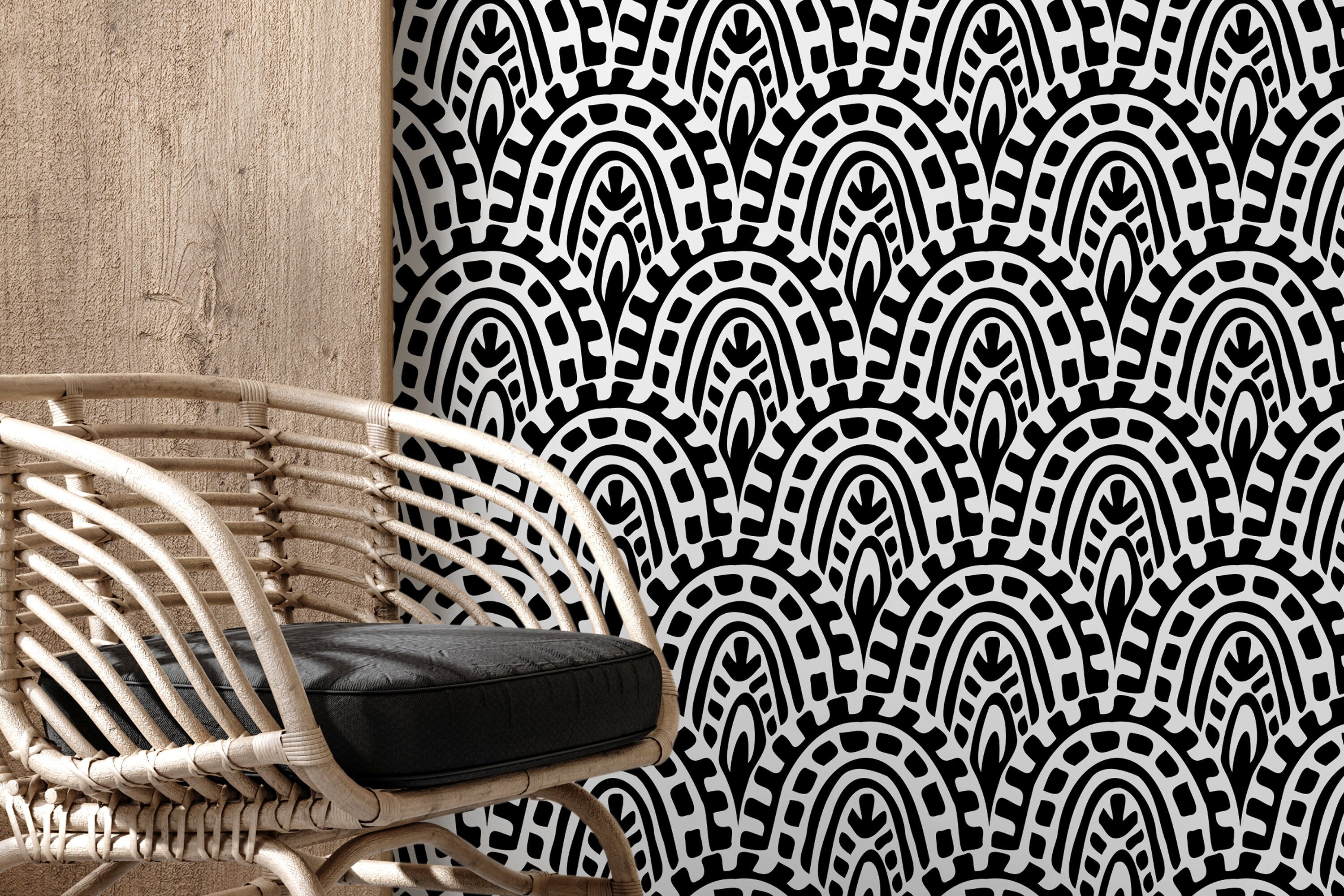 Abstract Wallpaper Featuring Bold Bohemian Arches In Black And White - D352