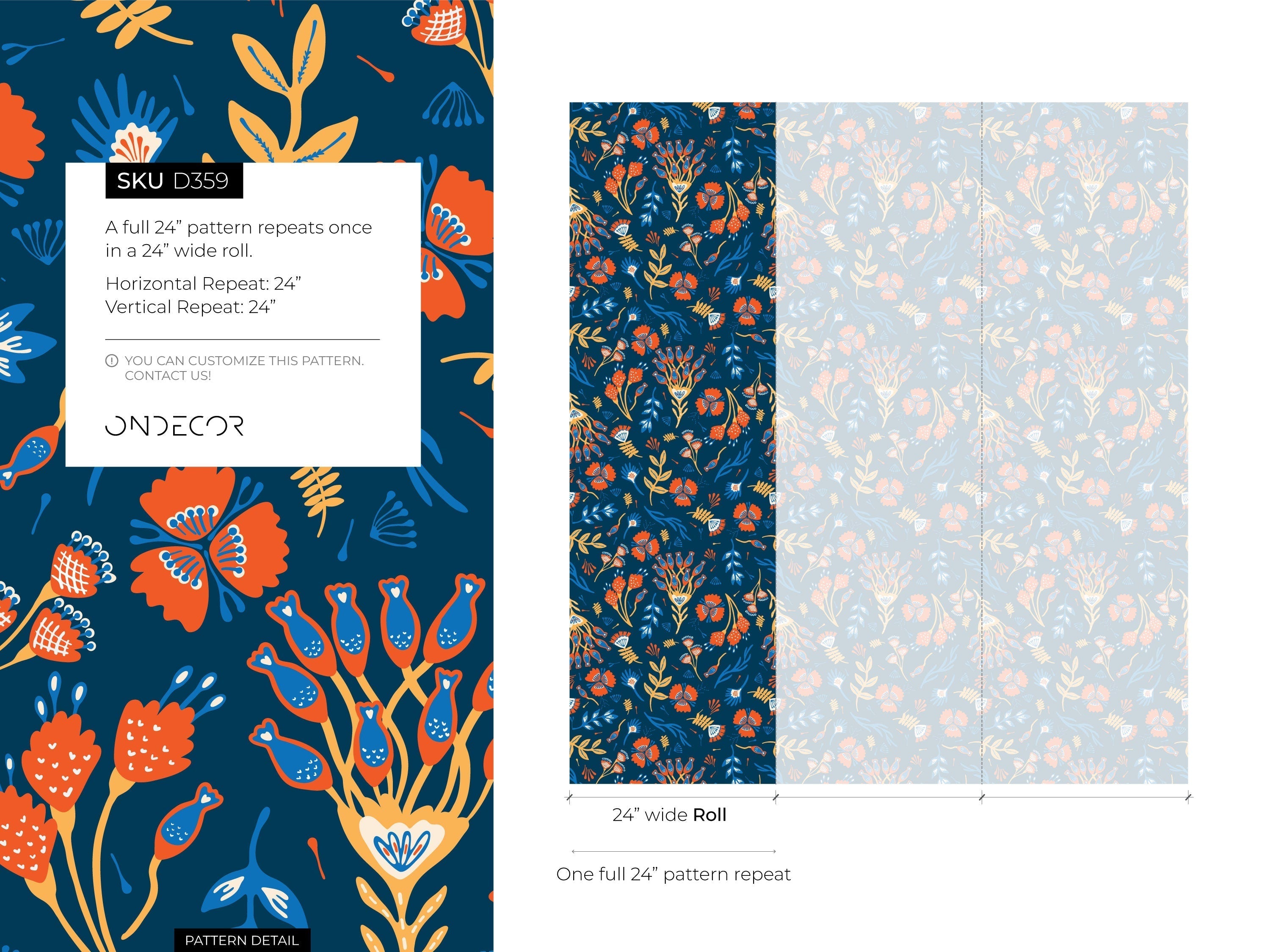 Floral Wallpaper With A Folk Art Motif In Orange, Blue, And Yellow - D359