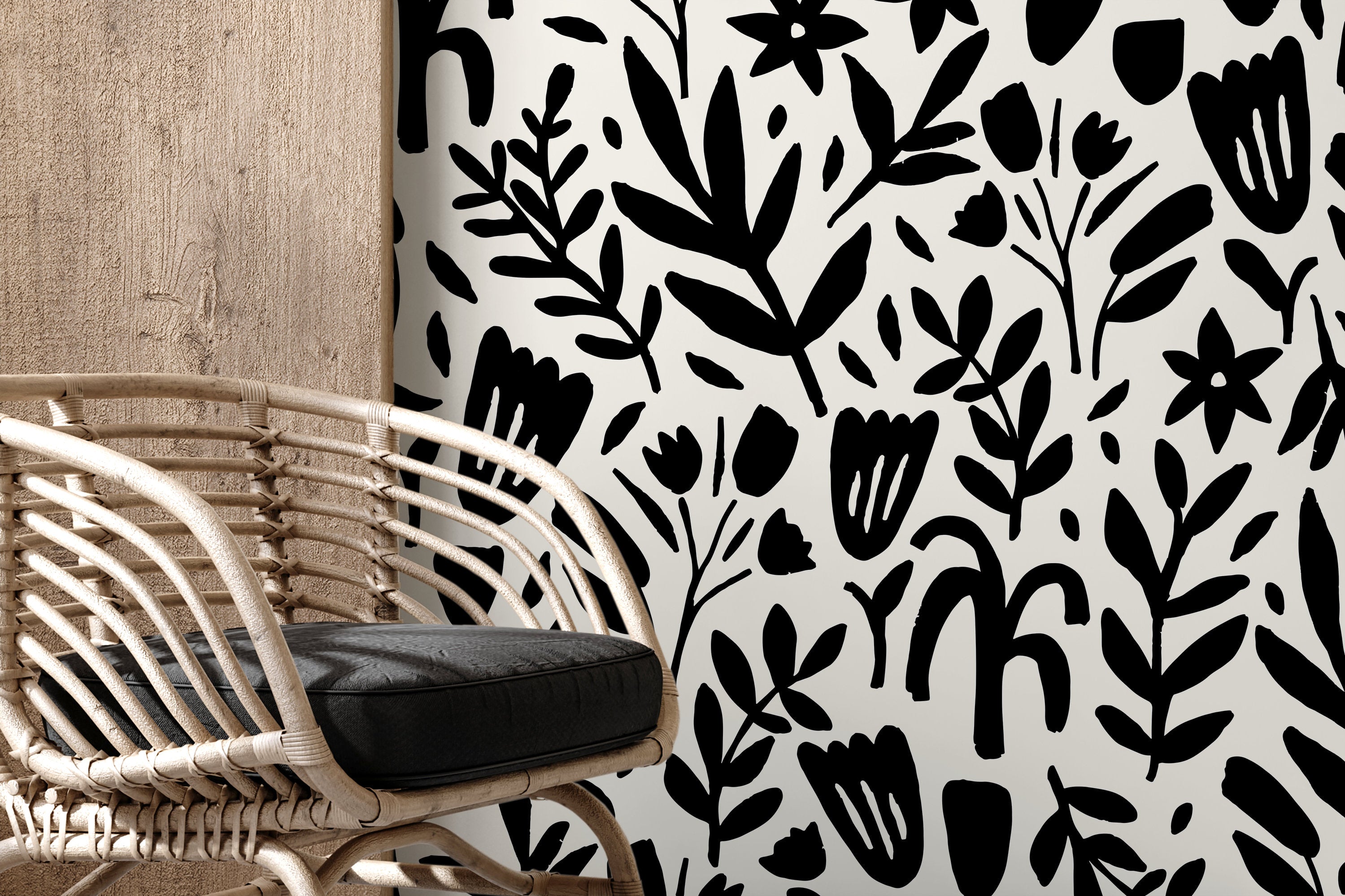 Floral Wallpaper Featuring Bold Cutout Florals In Black And White - D370