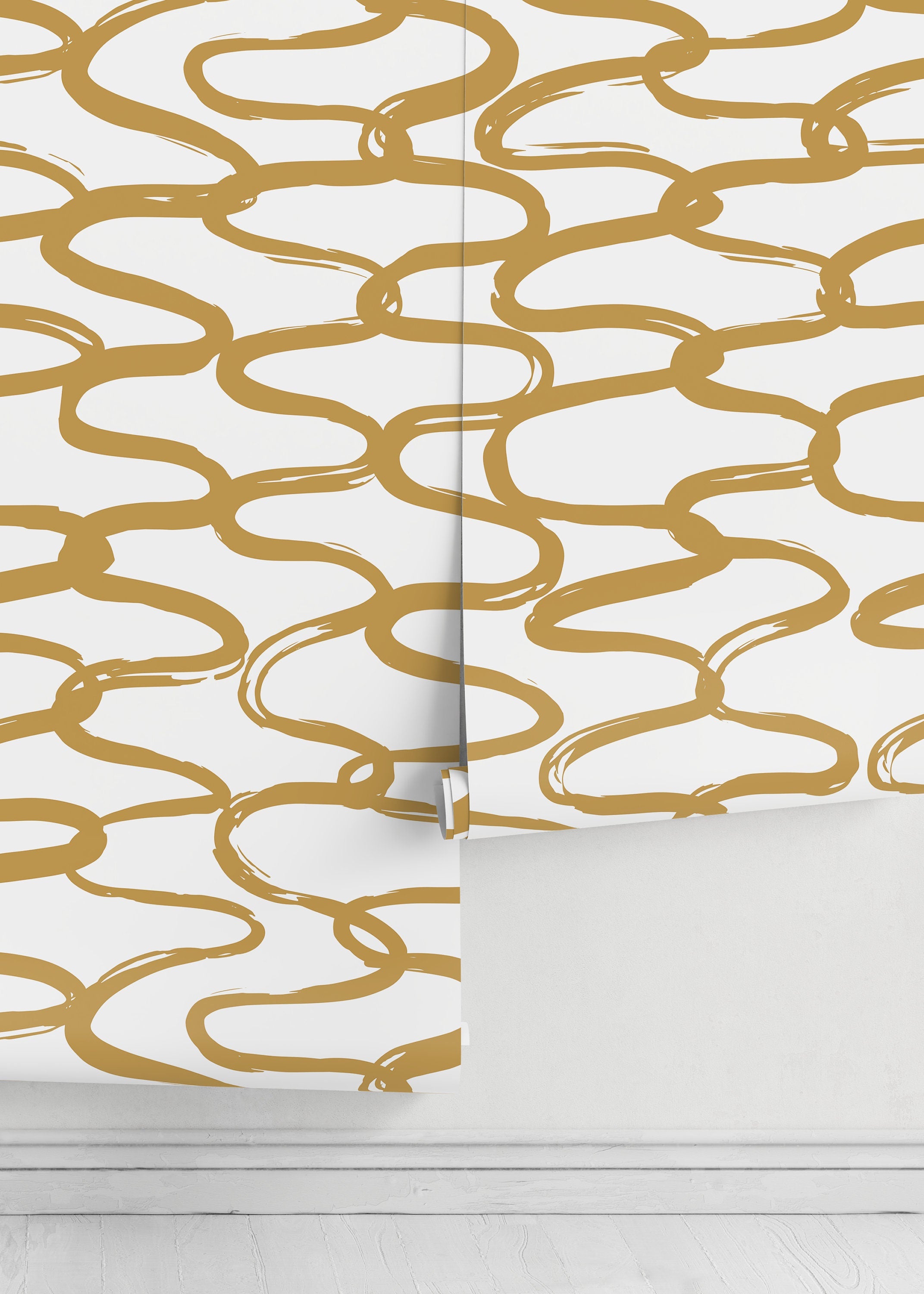 Abstract Wallpaper With Wavy Brush Strokes In Gold - D349