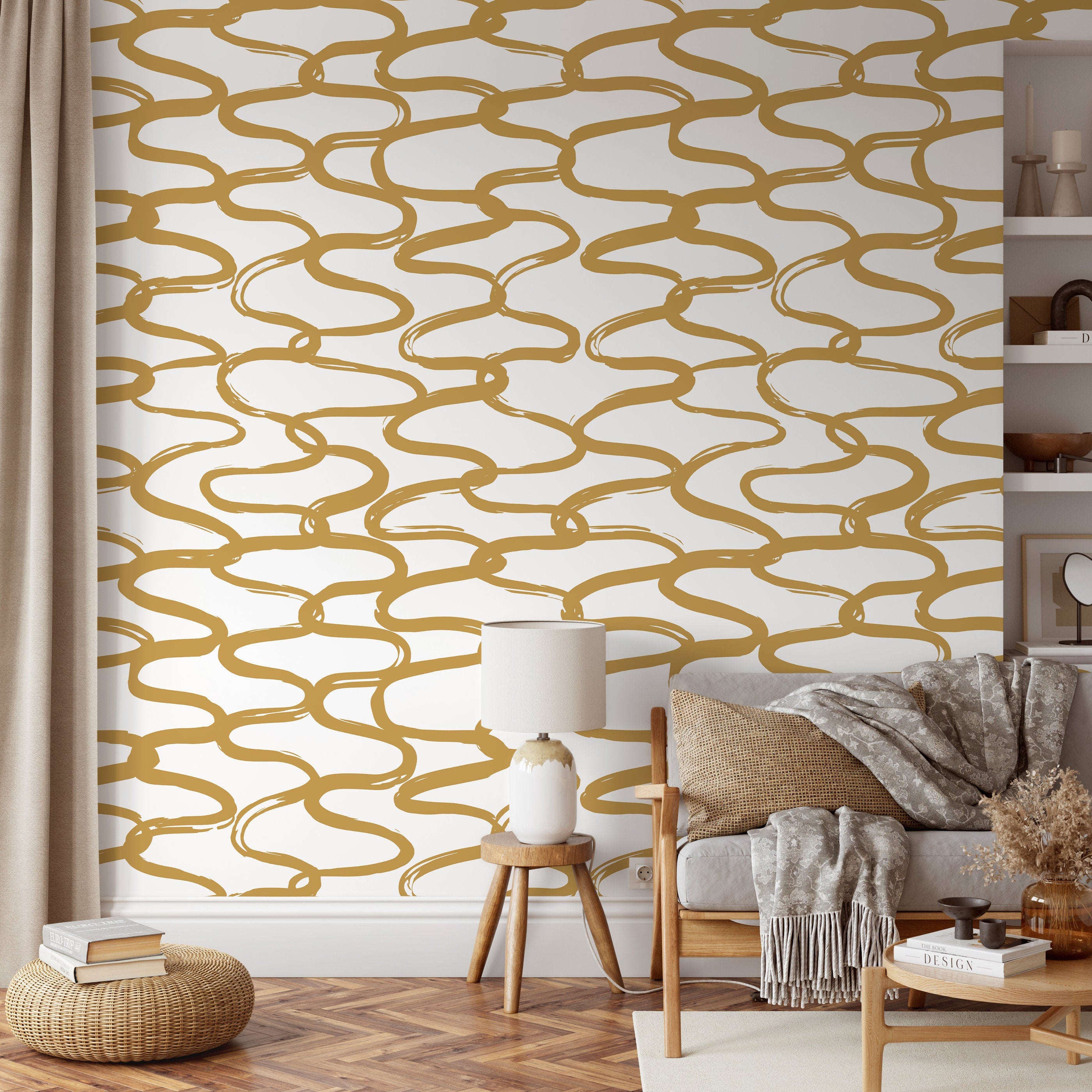 Abstract Wallpaper With Wavy Brush Strokes In Gold - D349
