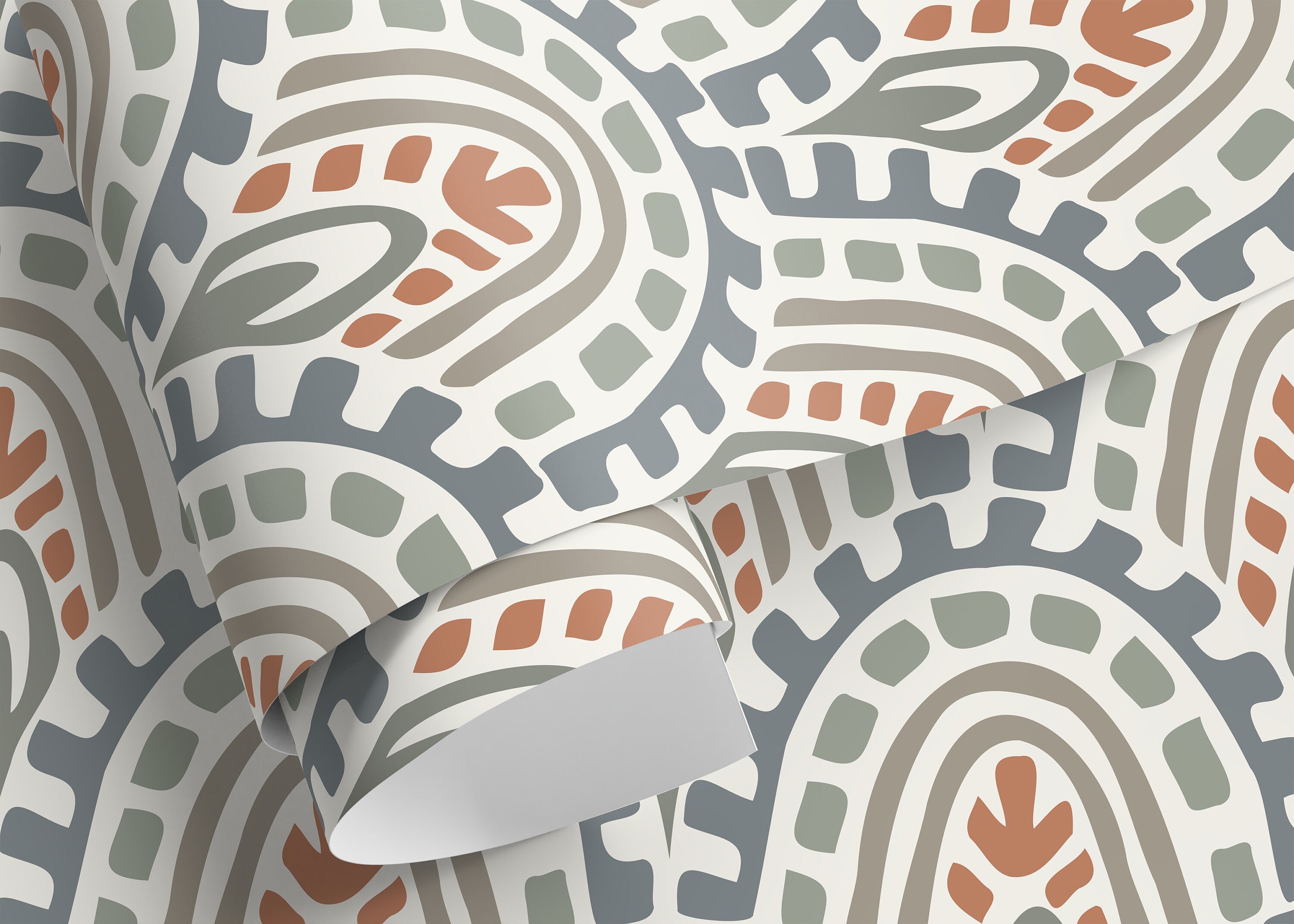 Abstract Wallpaper With Bohemian Arch Motifs In Blue, Green, And Terracotta - D355