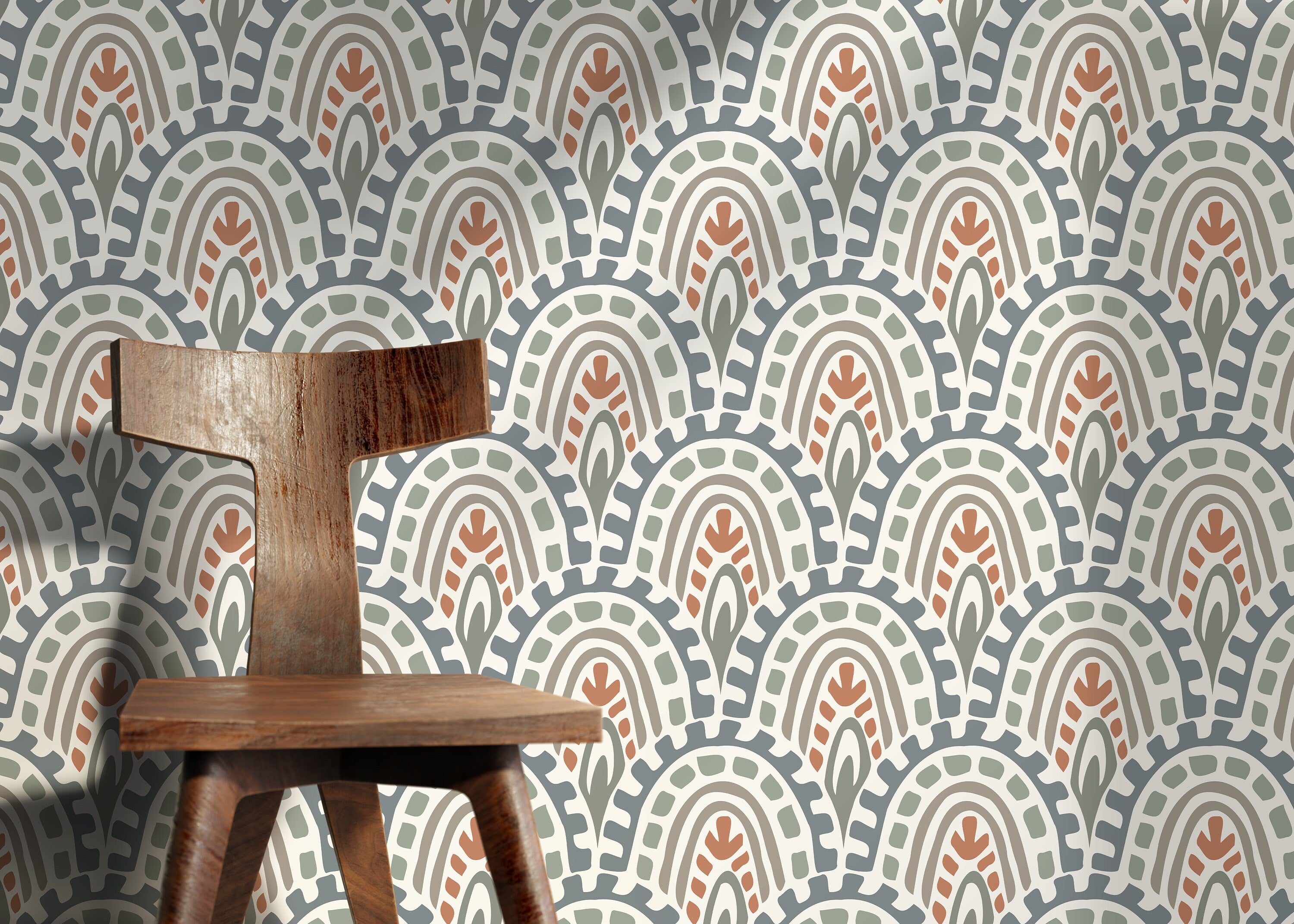 Abstract Wallpaper With Bohemian Arch Motifs In Blue, Green, And Terracotta - D355