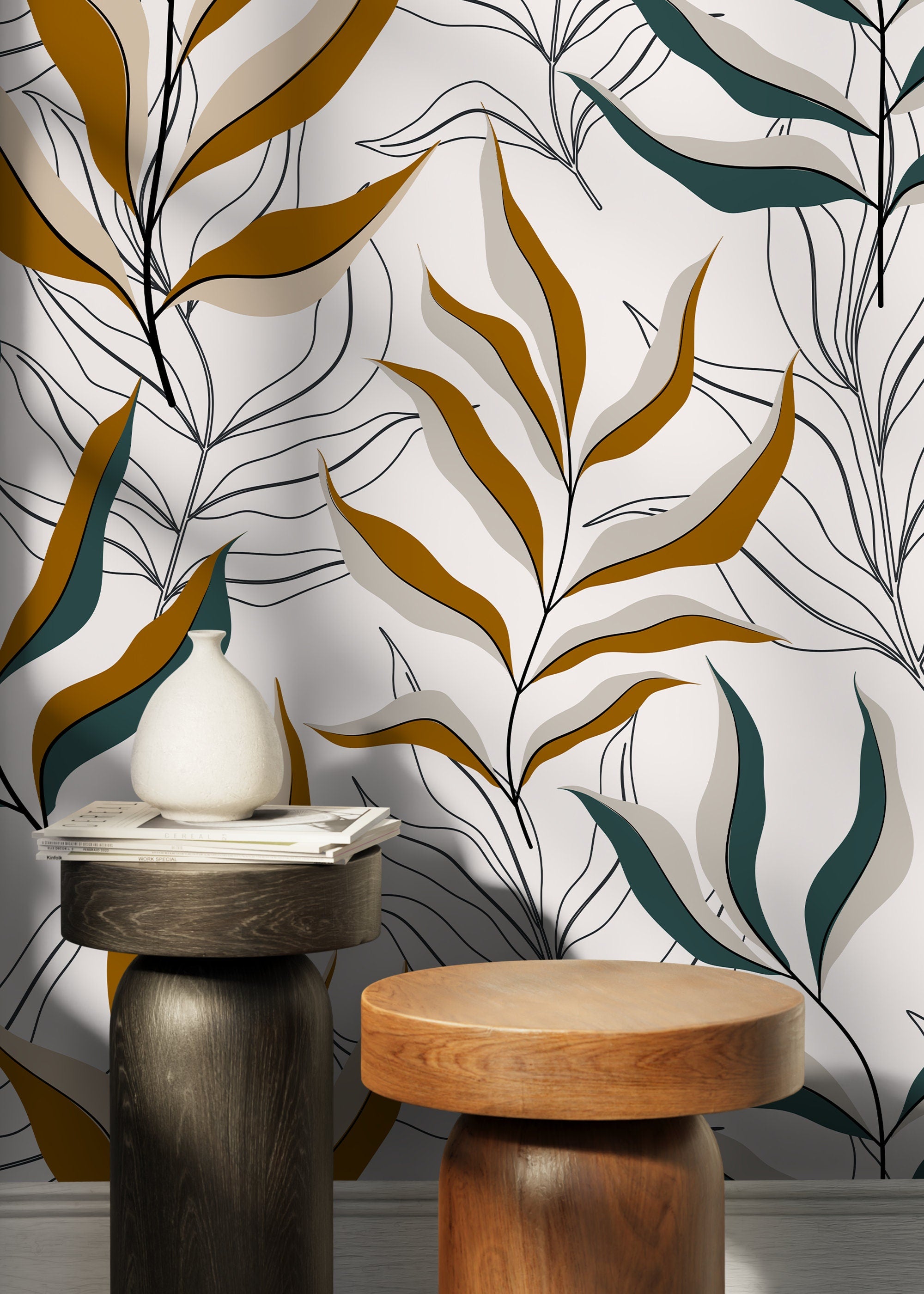Botanical Wallpaper With Overlapping Fronds In Ochre, Teal, And Black - D253