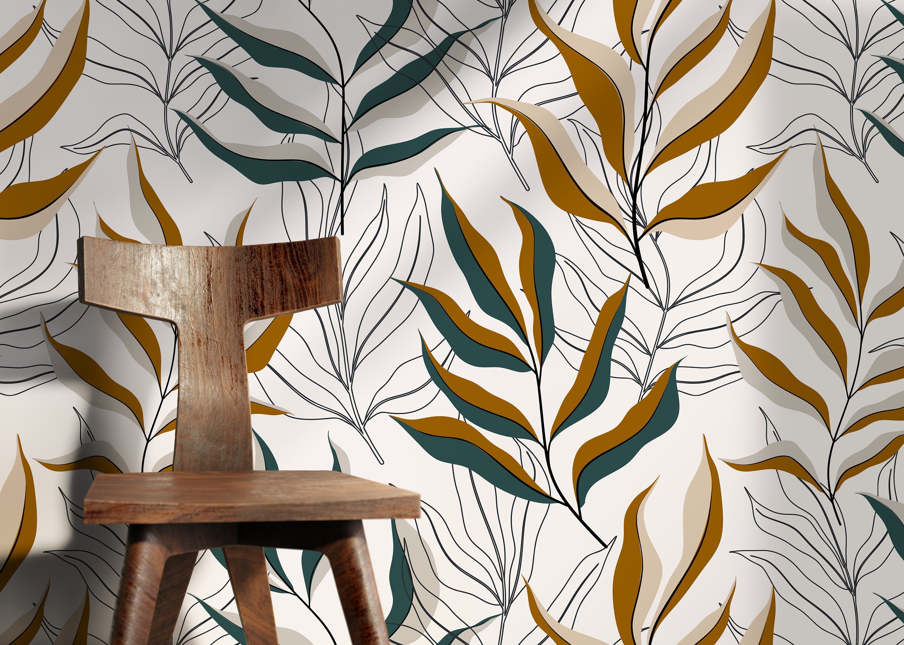 Botanical Wallpaper With Overlapping Fronds In Ochre, Teal, And Black - D253