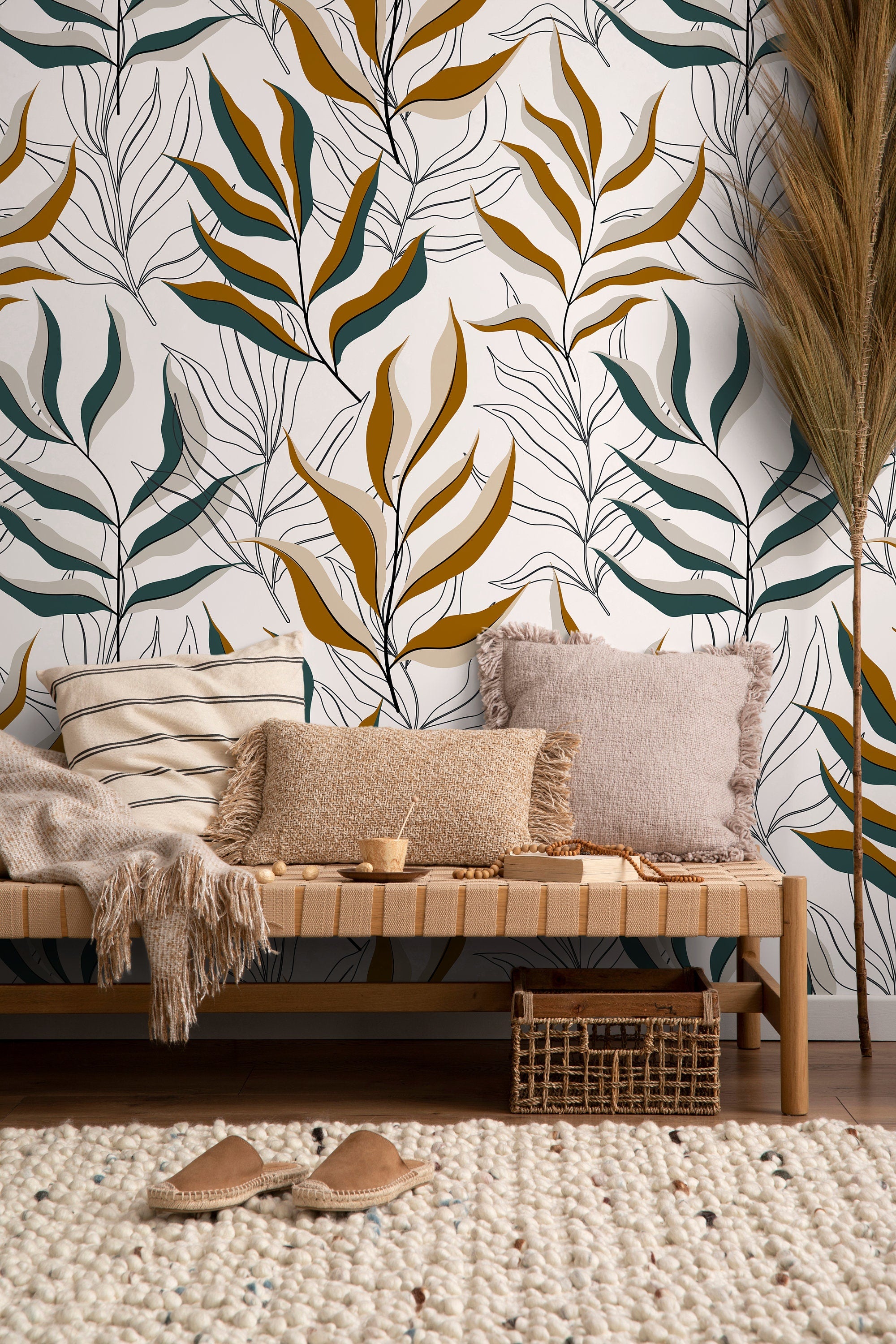 Botanical Wallpaper With Overlapping Fronds In Ochre, Teal, And Black - D253
