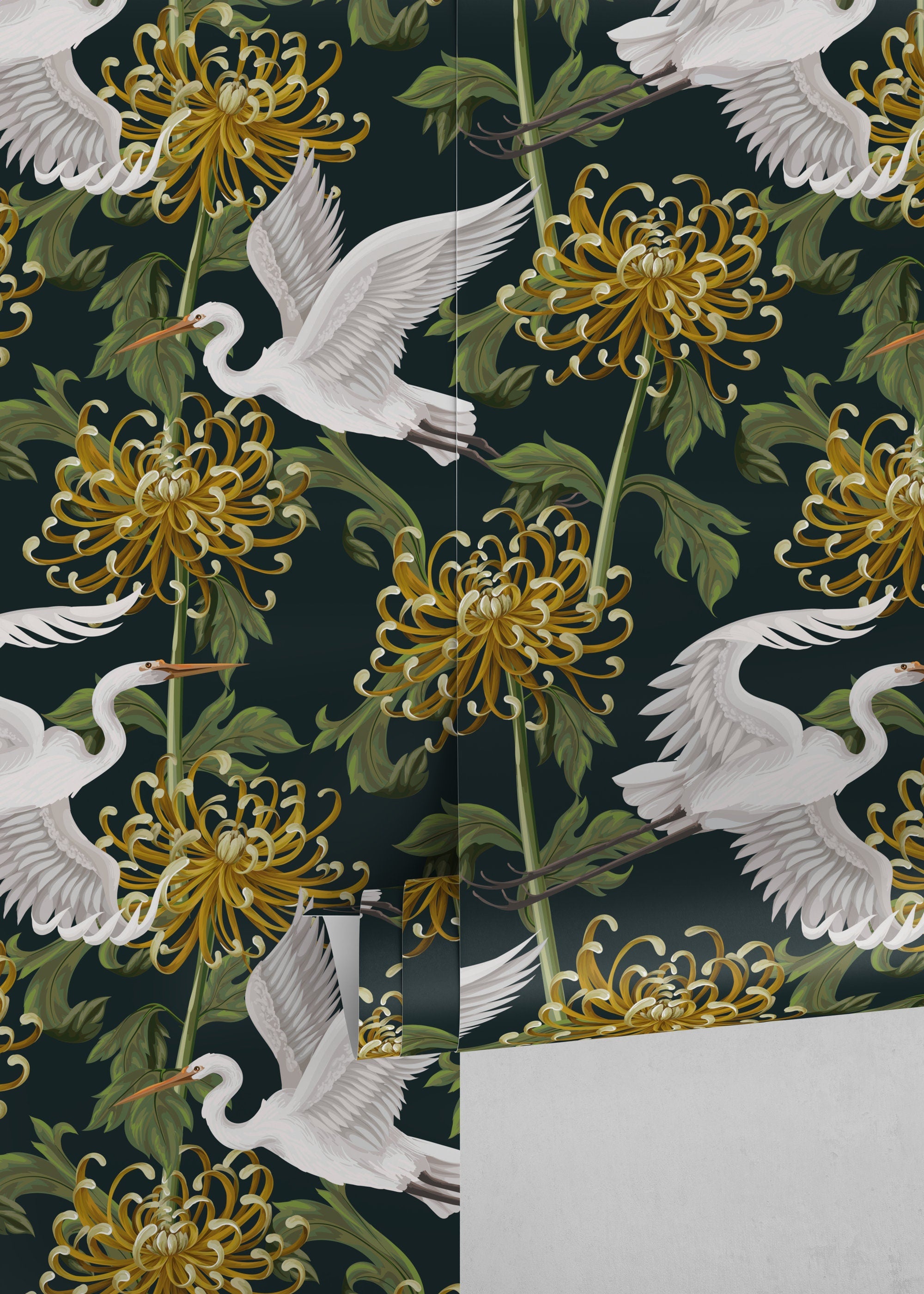 Chinoiserie Wallpaper With Cranes And Chrysanthemums In Dark Green, Gold, And White - D262