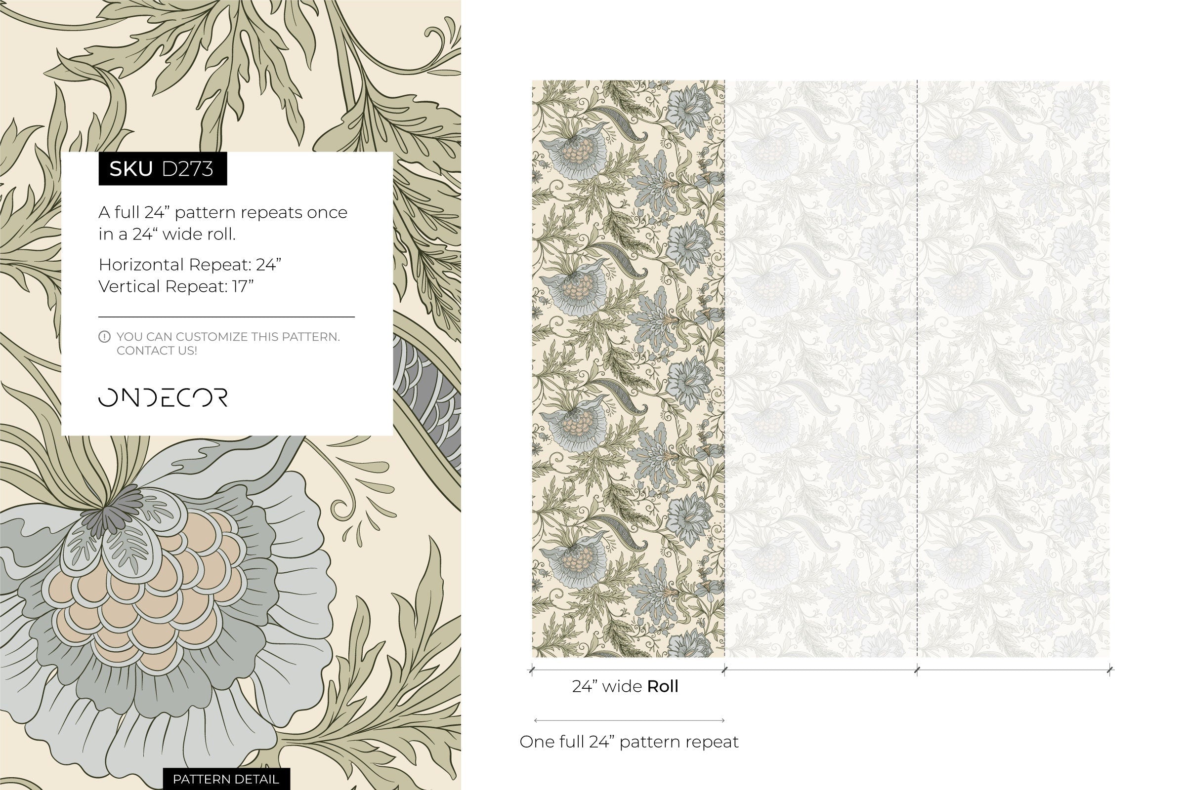 Vintage Floral Wallpaper Featuring A Jacobean Motif In Green And Blue - D273