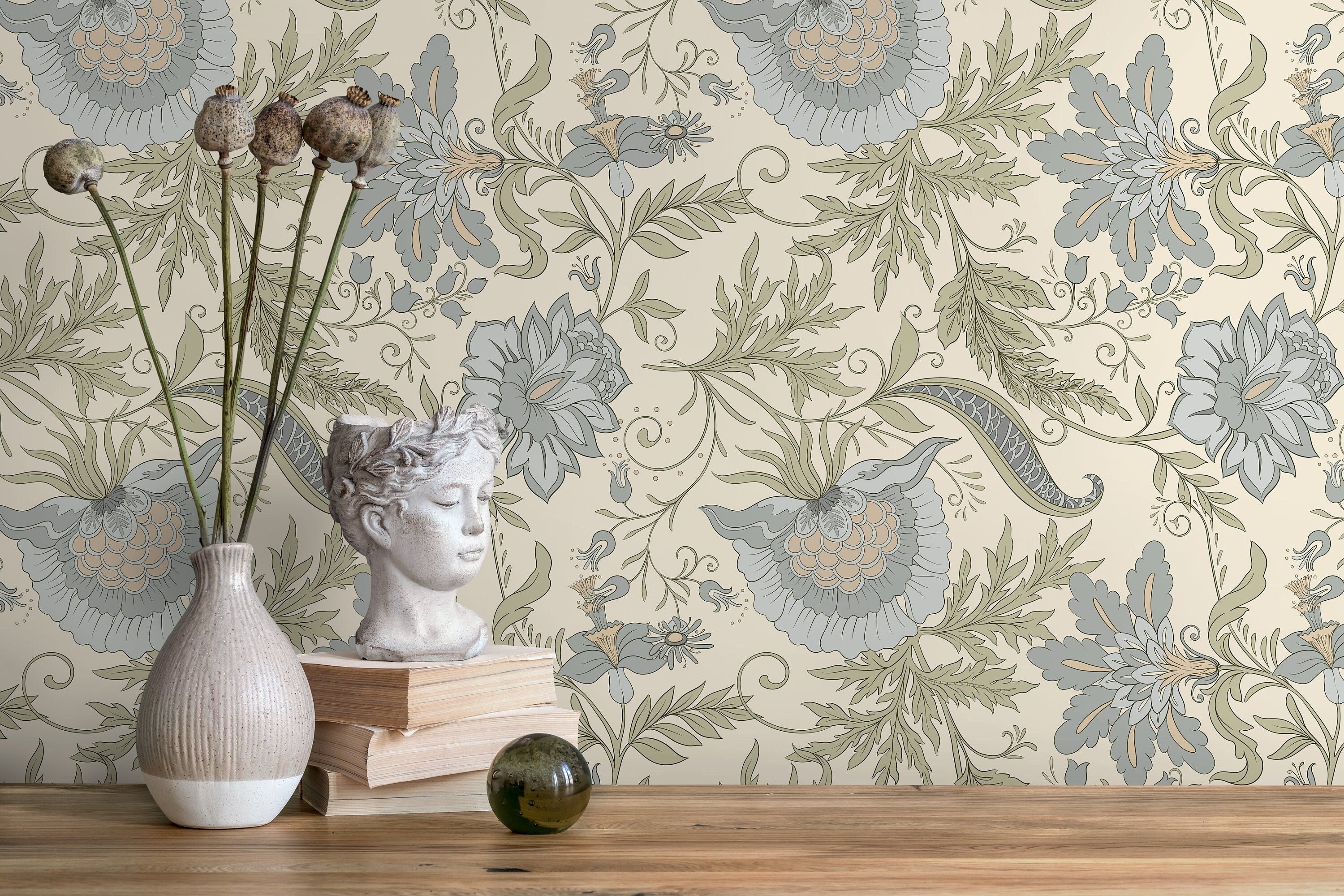 Vintage Floral Wallpaper Featuring A Jacobean Motif In Green And Blue - D273