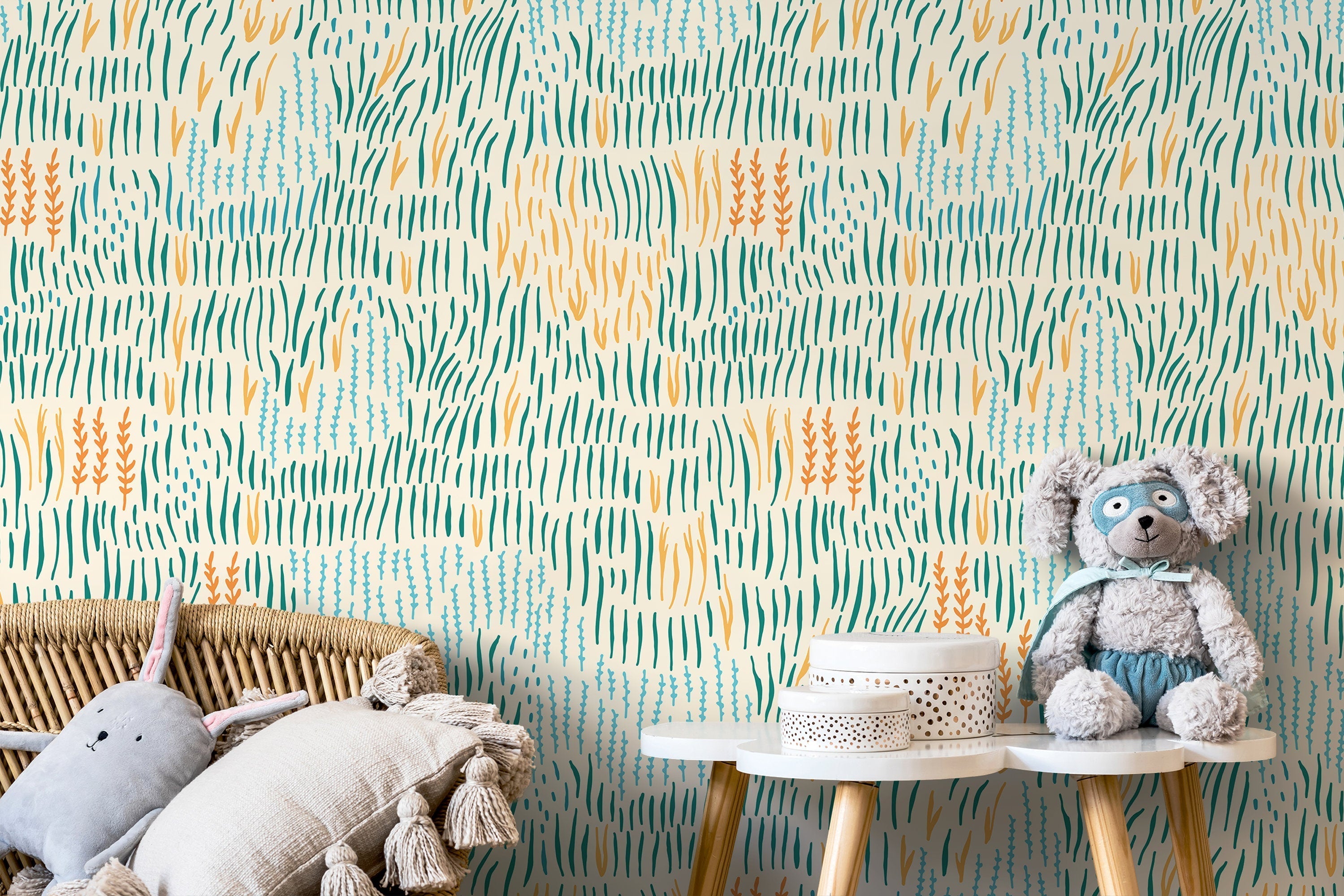 Abstract Wallpaper With Stylized Seagrass In Teal, Orange, And Blue - D290