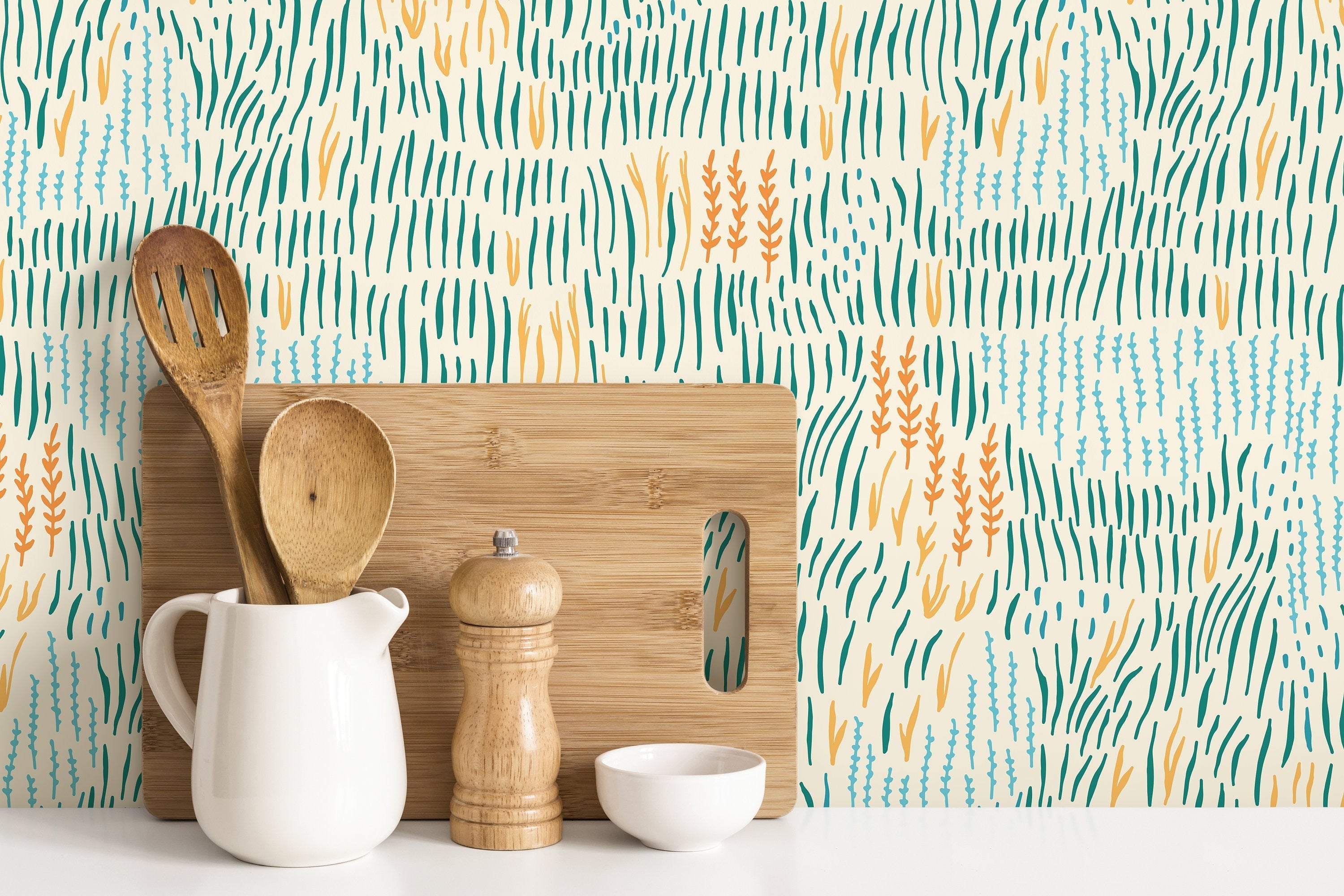 Abstract Wallpaper With Stylized Seagrass In Teal, Orange, And Blue - D290