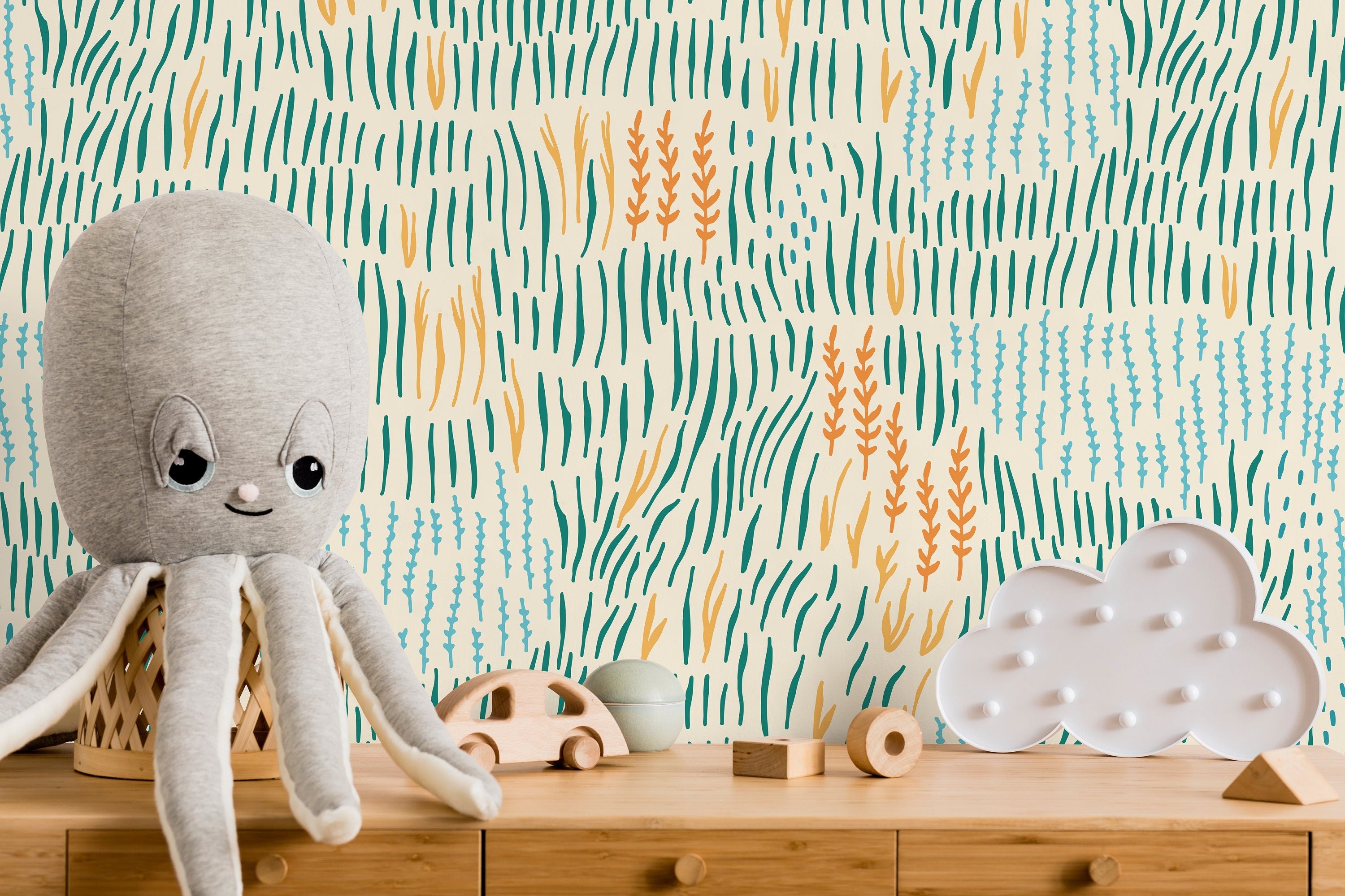 Abstract Wallpaper With Stylized Seagrass In Teal, Orange, And Blue - D290