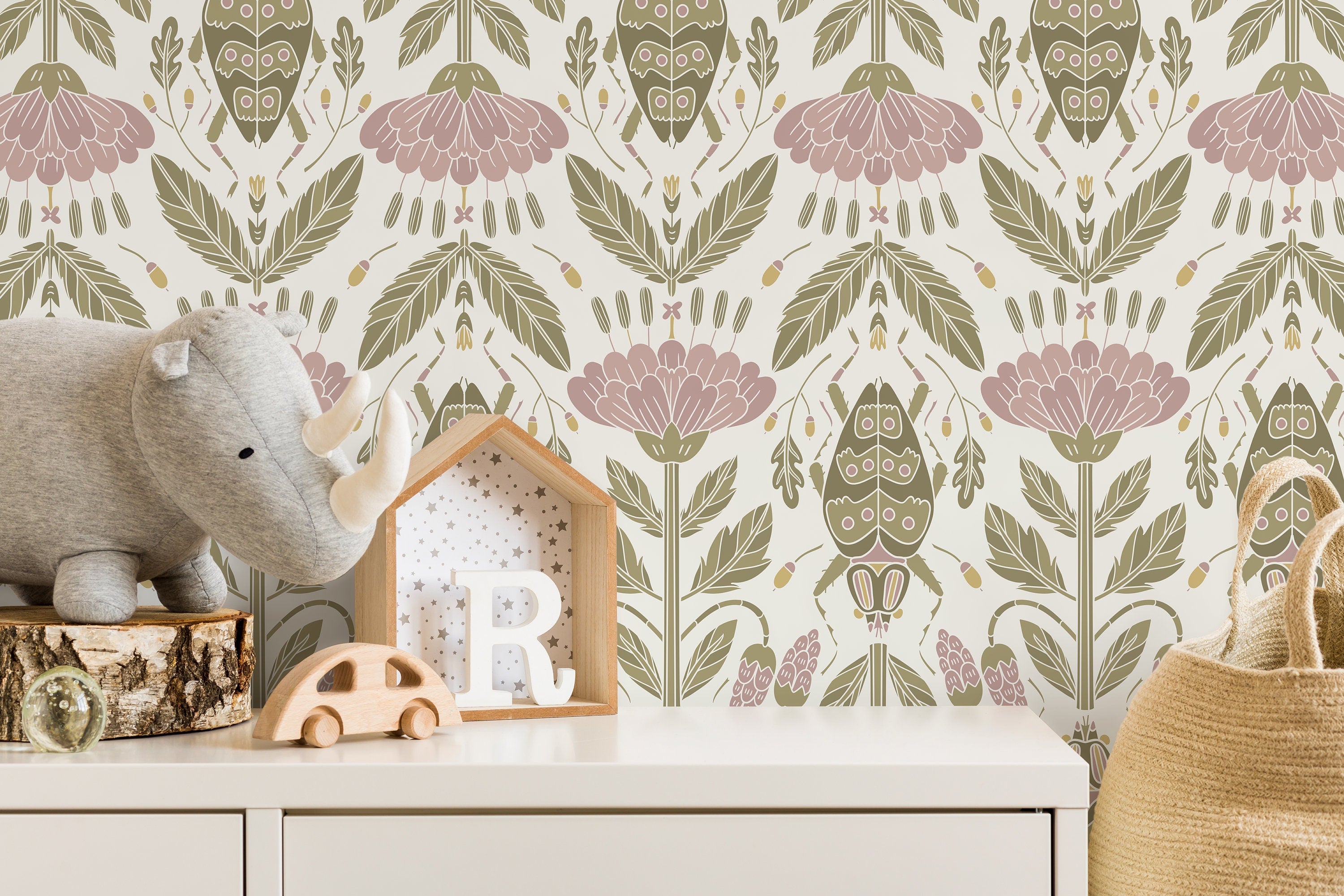 Floral Wallpaper With An Art Nouveau Beetle Motif In Pink And Green - D298