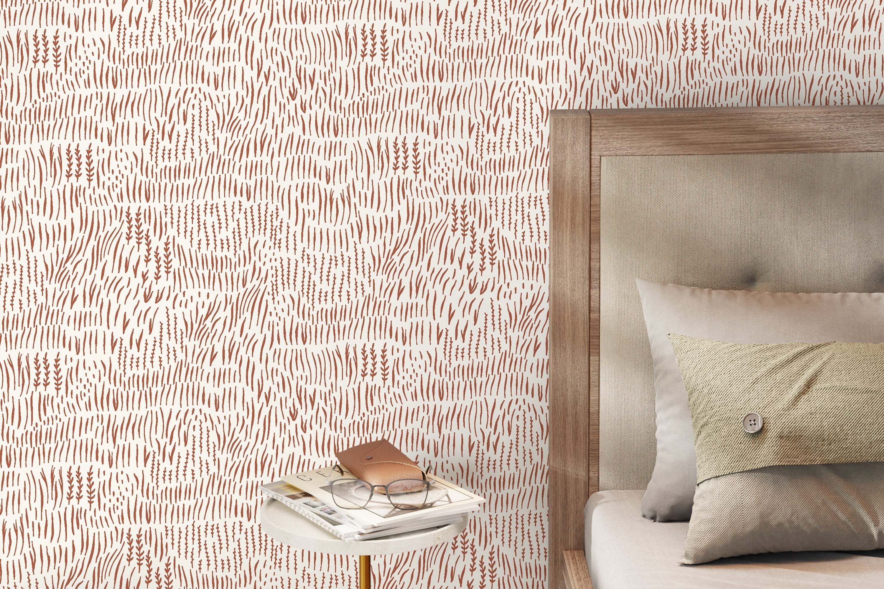 Boho Wallpaper With Abstract Wheat Stalks In Terracotta - D291