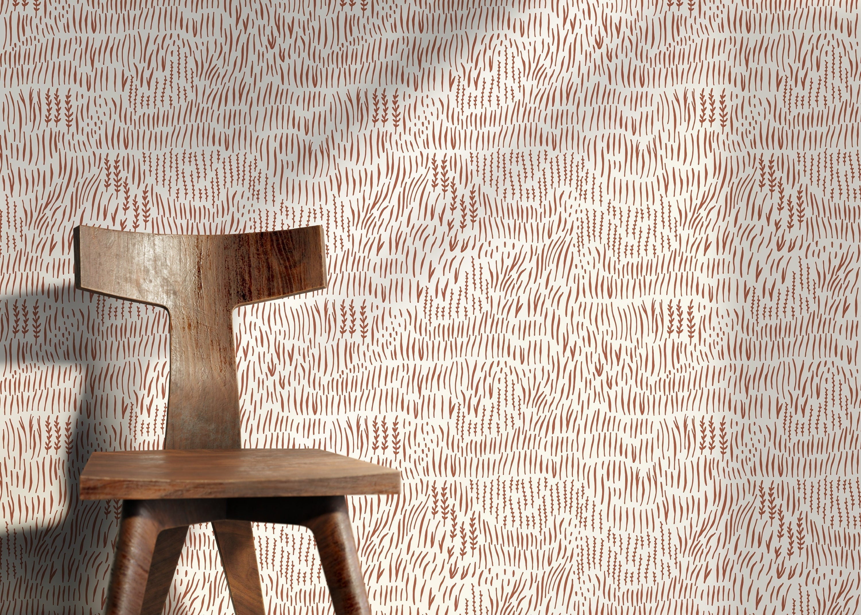 Boho Wallpaper With Abstract Wheat Stalks In Terracotta - D291