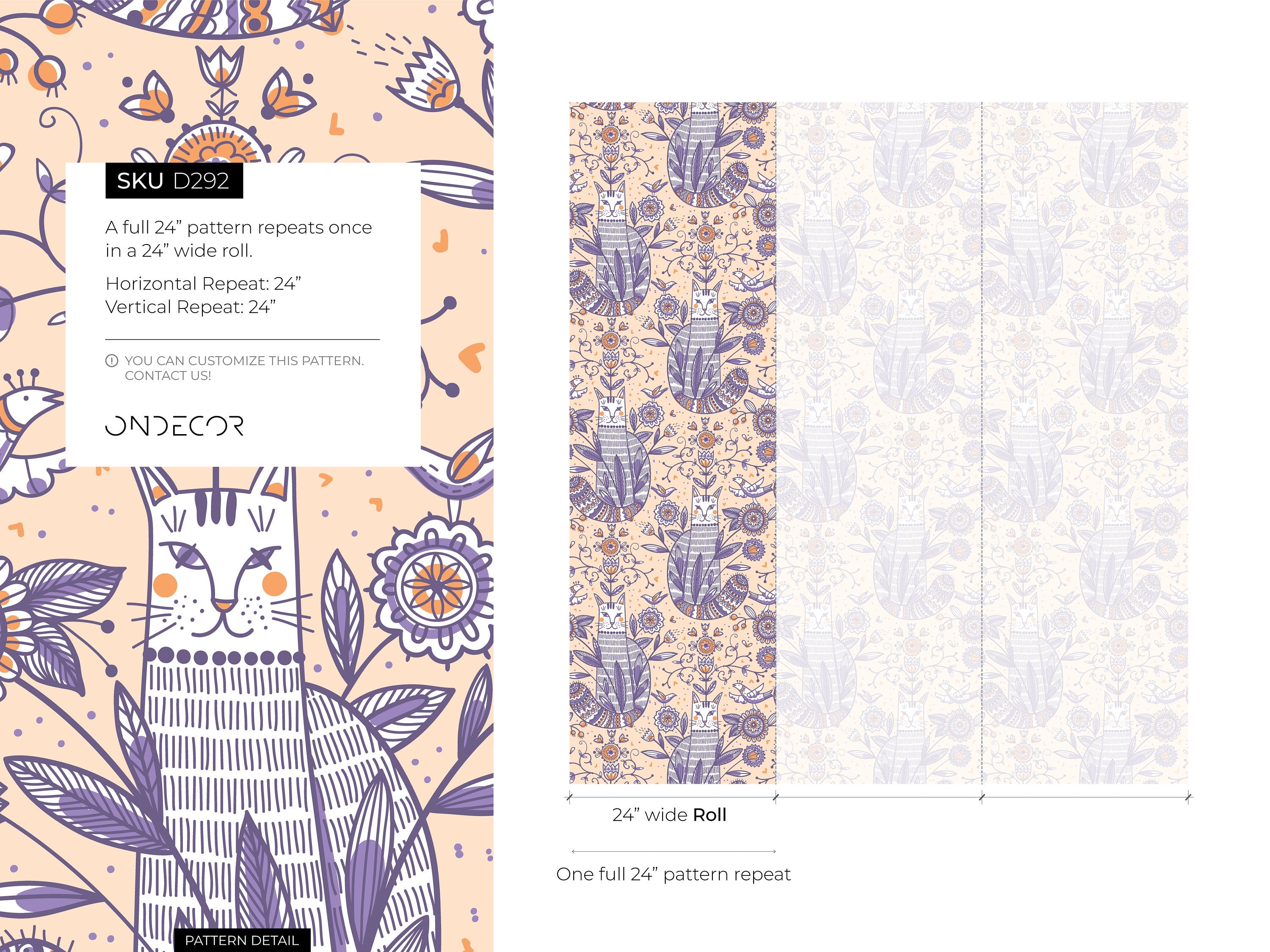 Folk Art Wallpaper With Stylized Cats And Florals In Purple, Orange, And Peach - D292