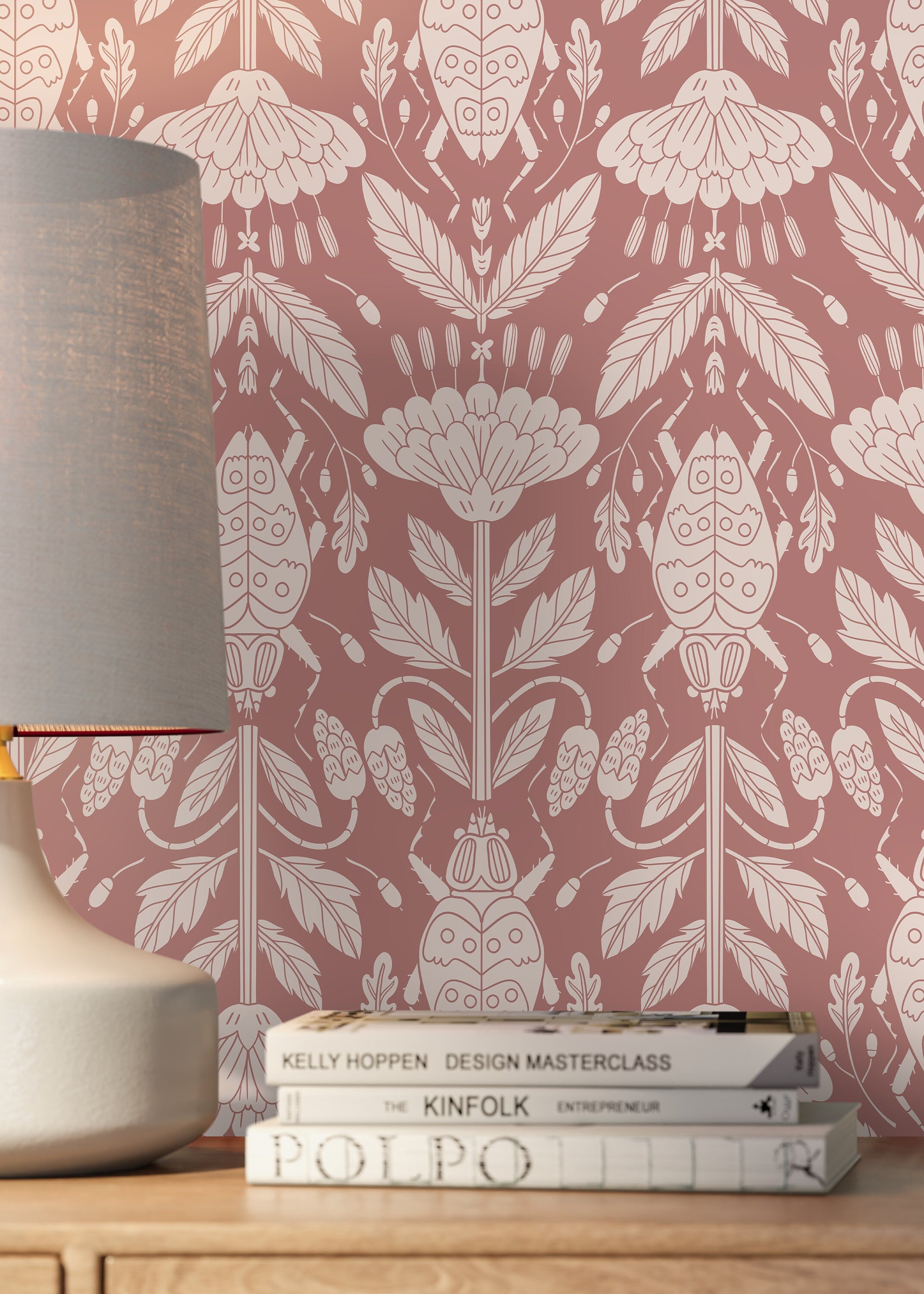 Botanical Wallpaper With A Beetle And Floral Damask In Pink And Cream - D296