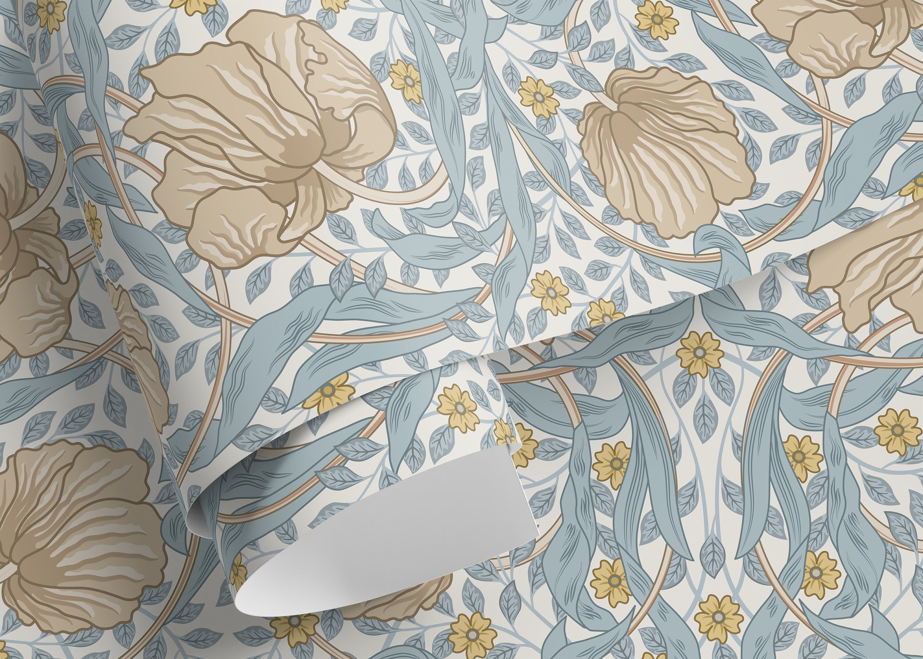 Floral Wallpaper With A William Morris Style In Blue, Beige, And Yellow - D302