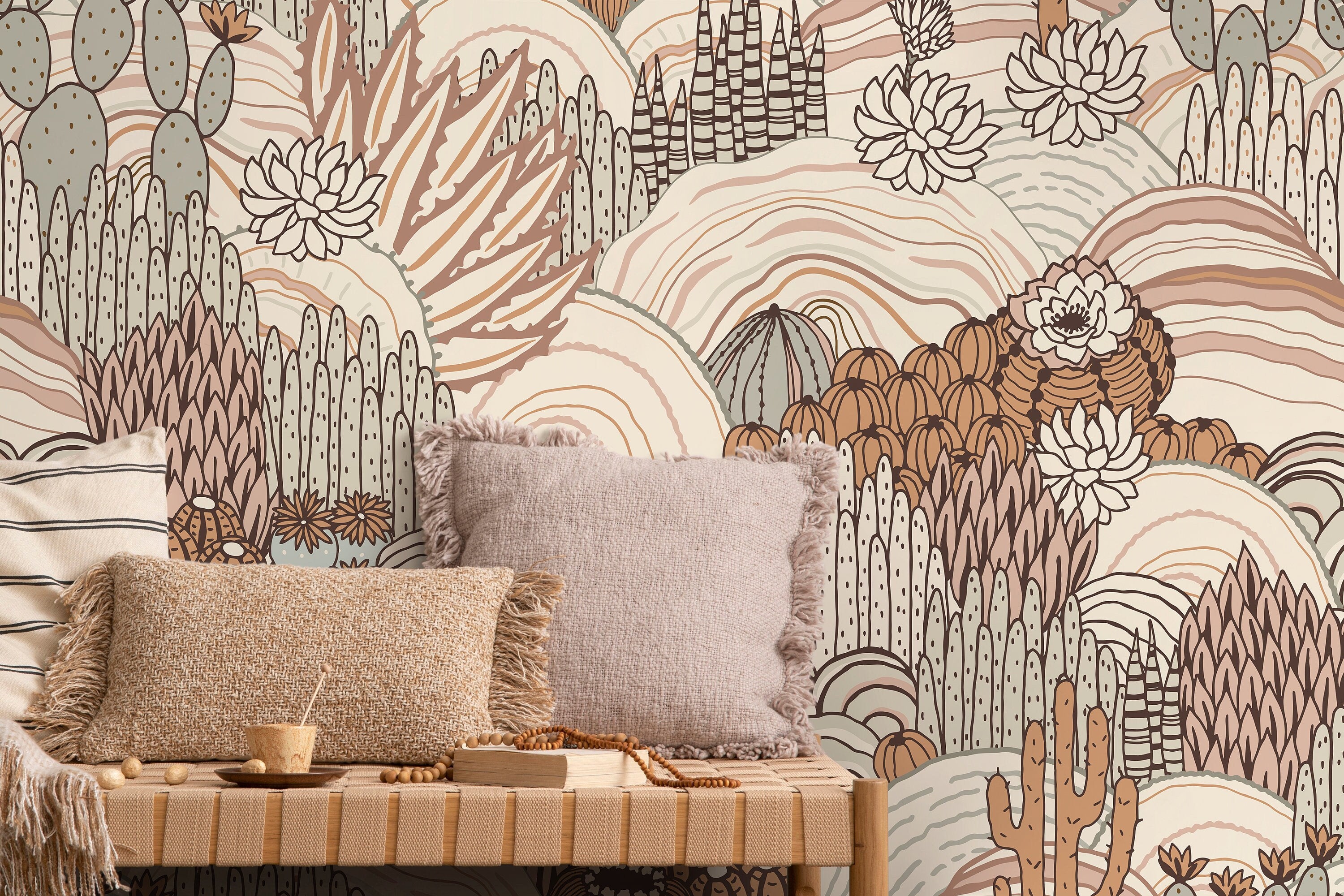 Desert Wallpaper With A Stylized Cactus Landscape In Brown, Pink, And Sage Green - D278