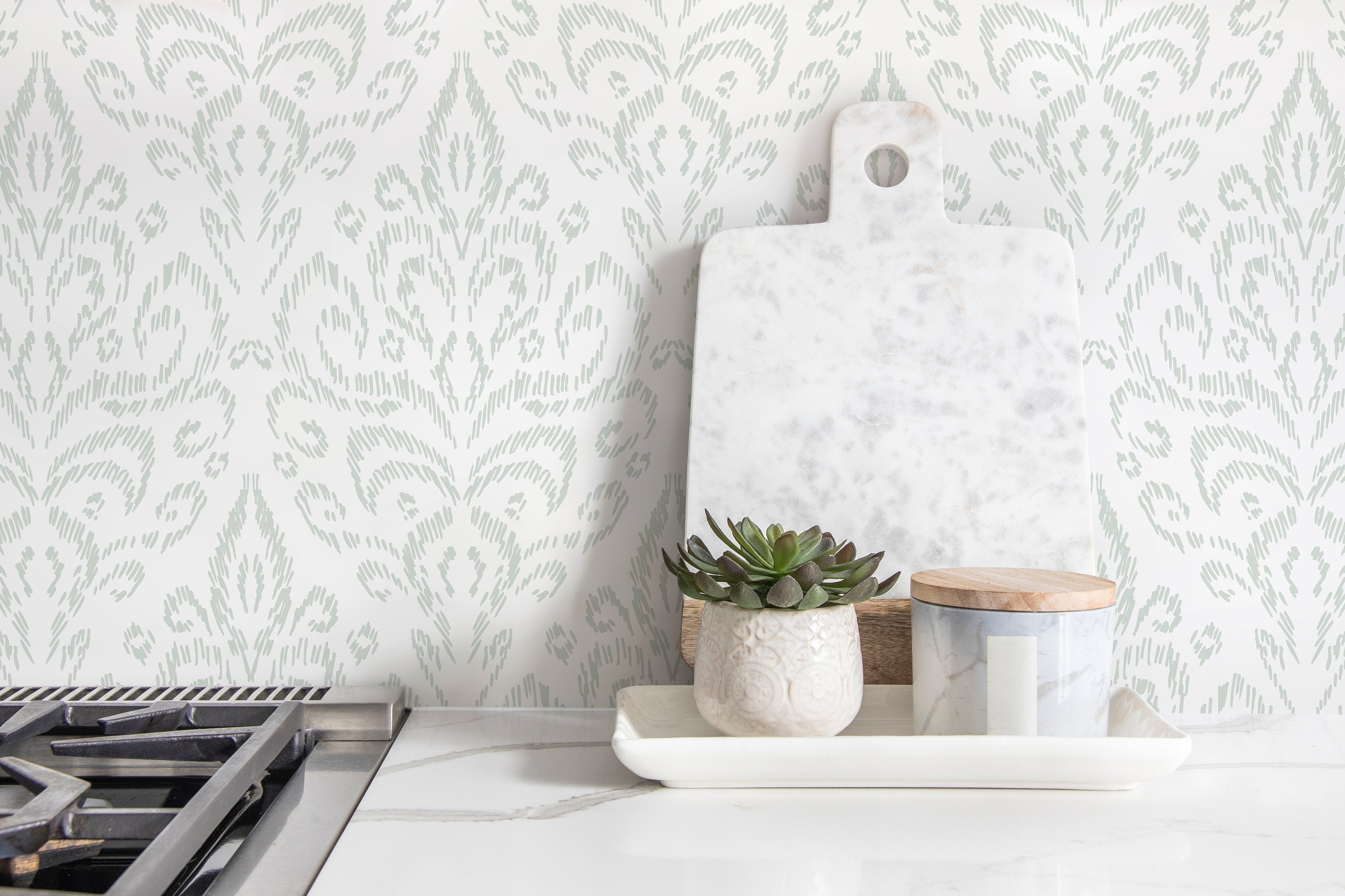 Ikat Wallpaper With A Subtle Damask Motif In Sage Green - D356