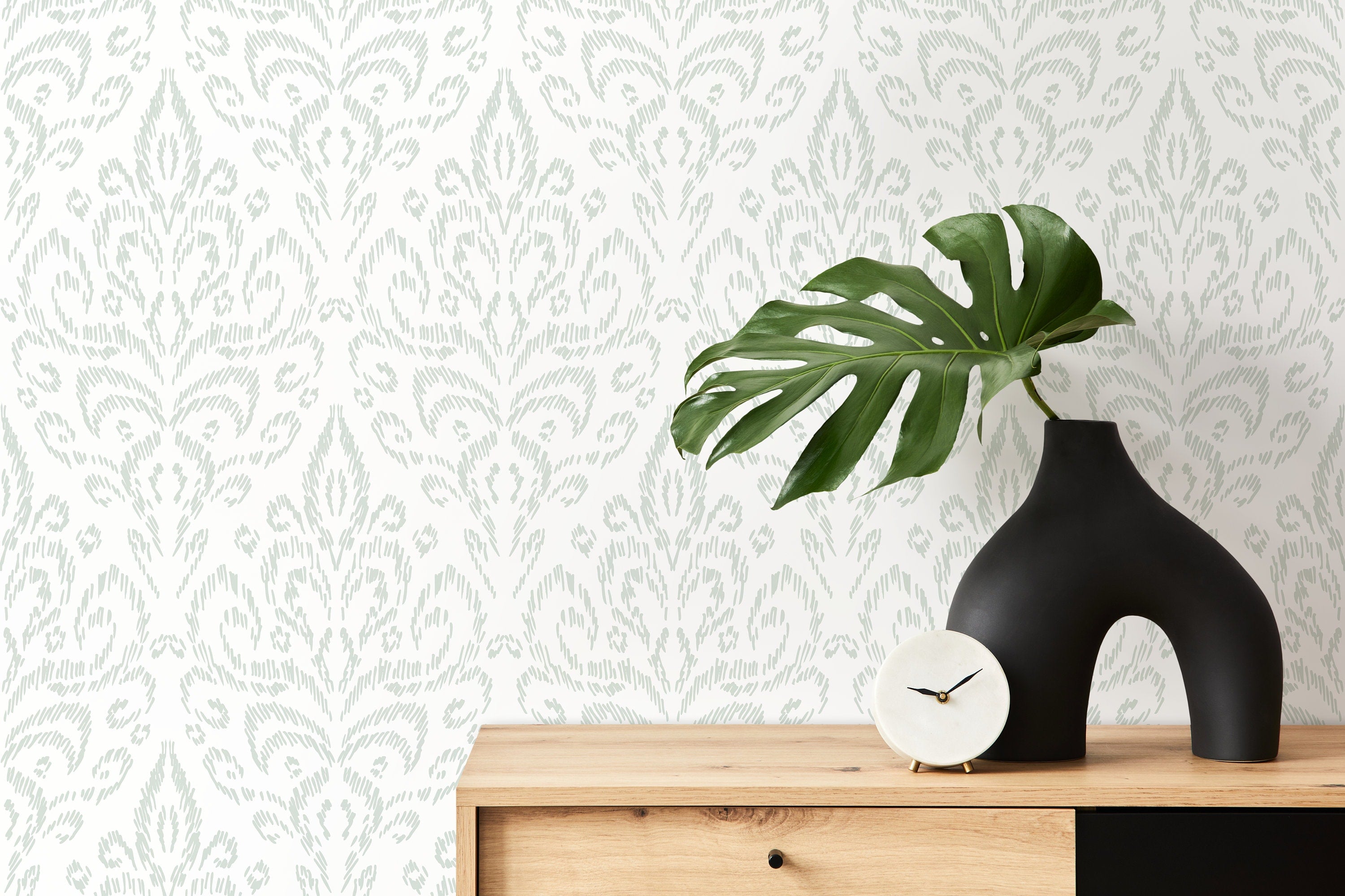Ikat Wallpaper With A Subtle Damask Motif In Sage Green - D356