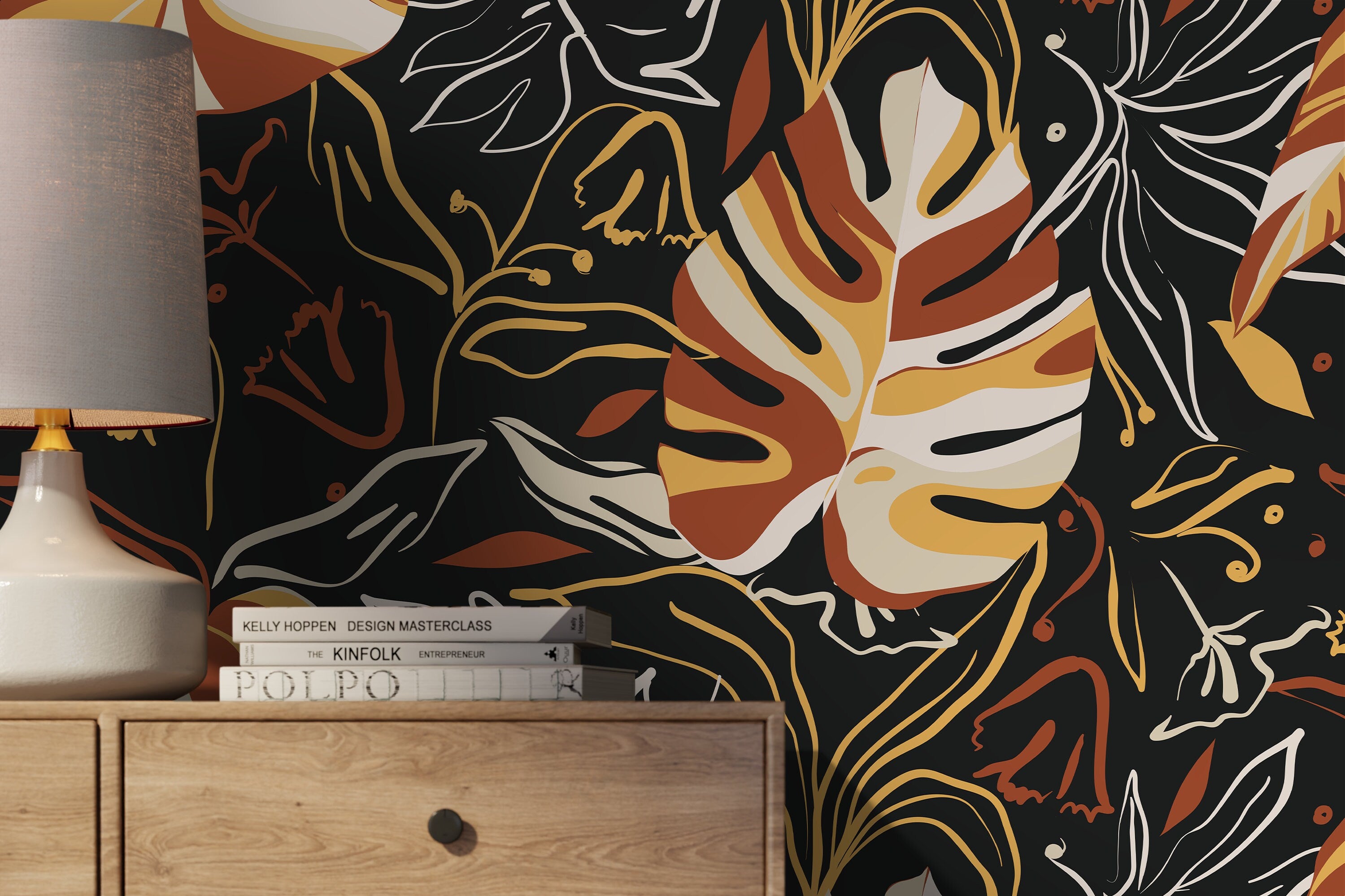 Abstract Botanical Wallpaper With Stylized Leaves In Terracotta, Ochre, And Beige - D367