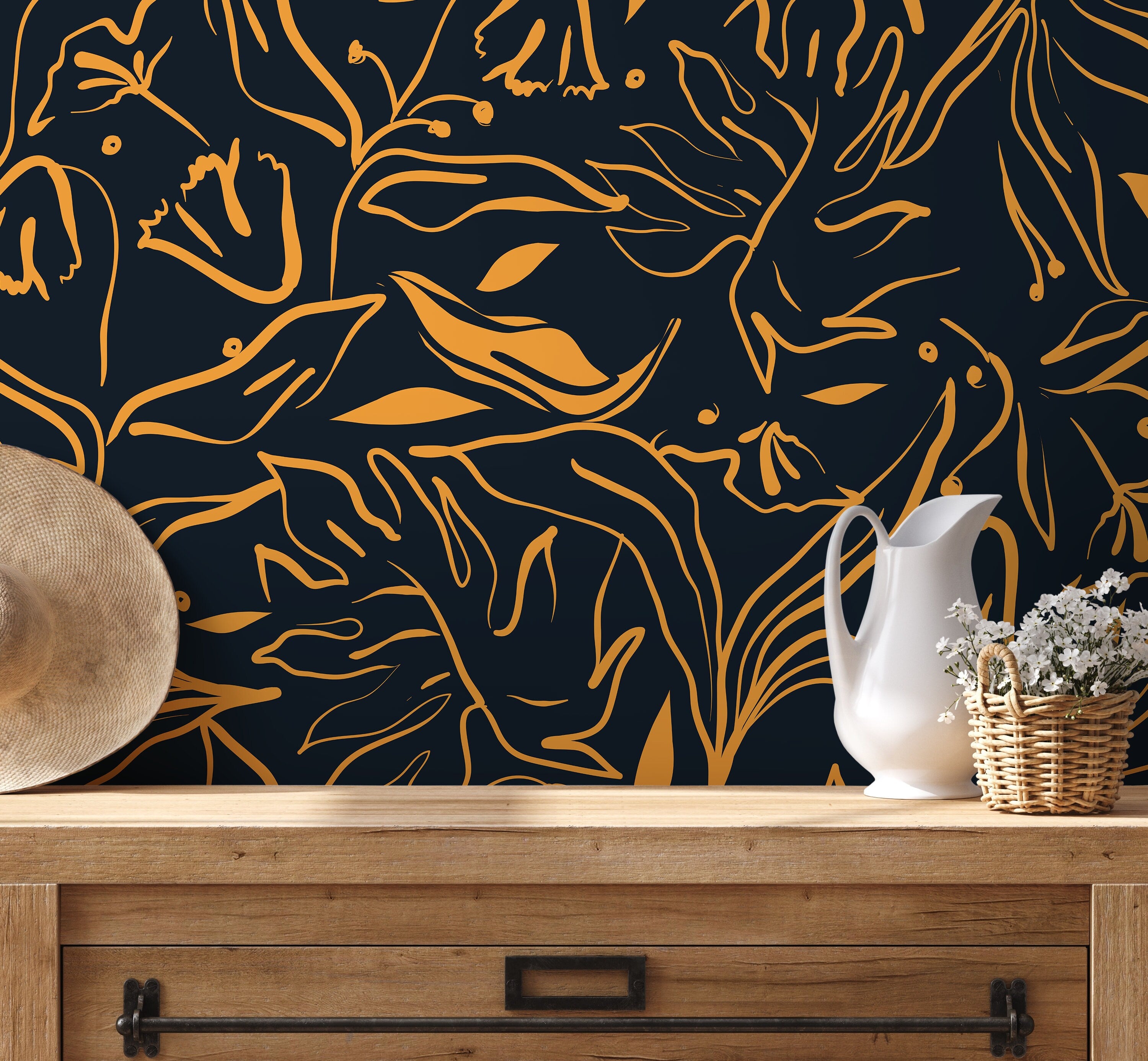 Abstract Wallpaper With Elegant Floral Line Art In Yellow And Dark Gray - D366