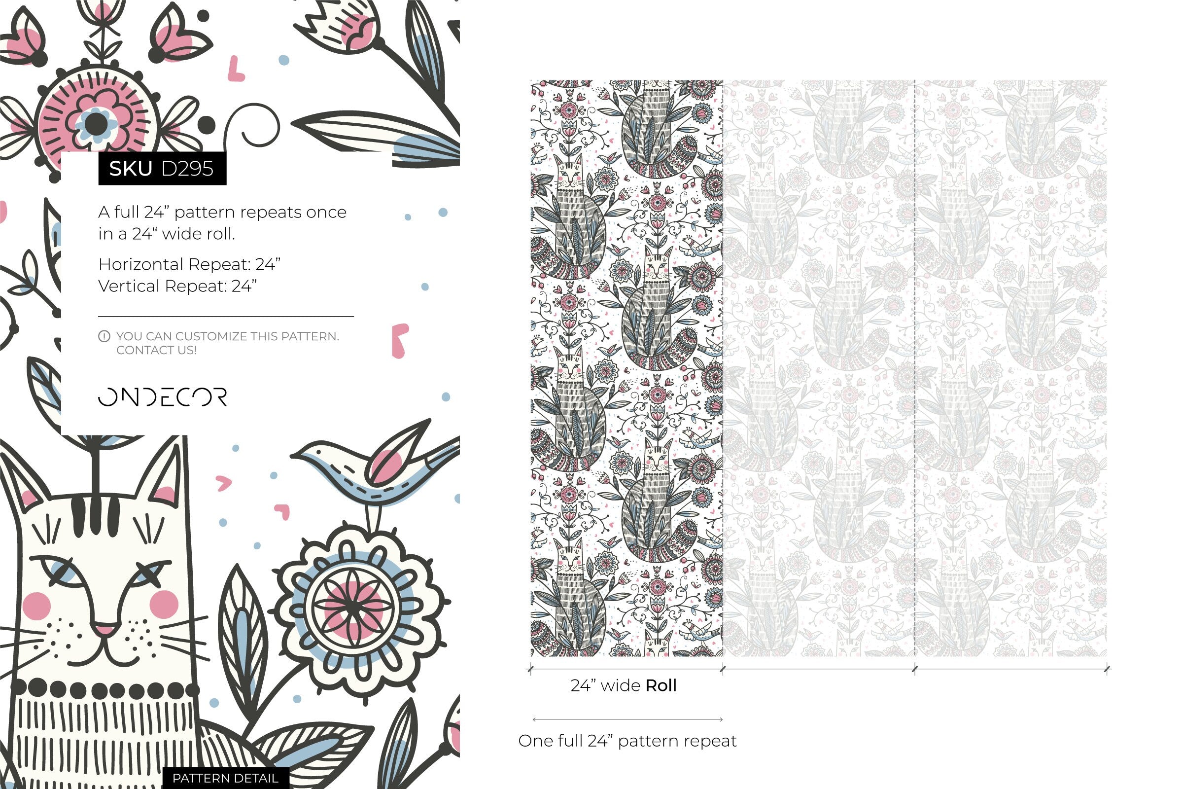 Folk Art Wallpaper With Whimsical Cats And Birds In Pink, Blue, And Black - D295